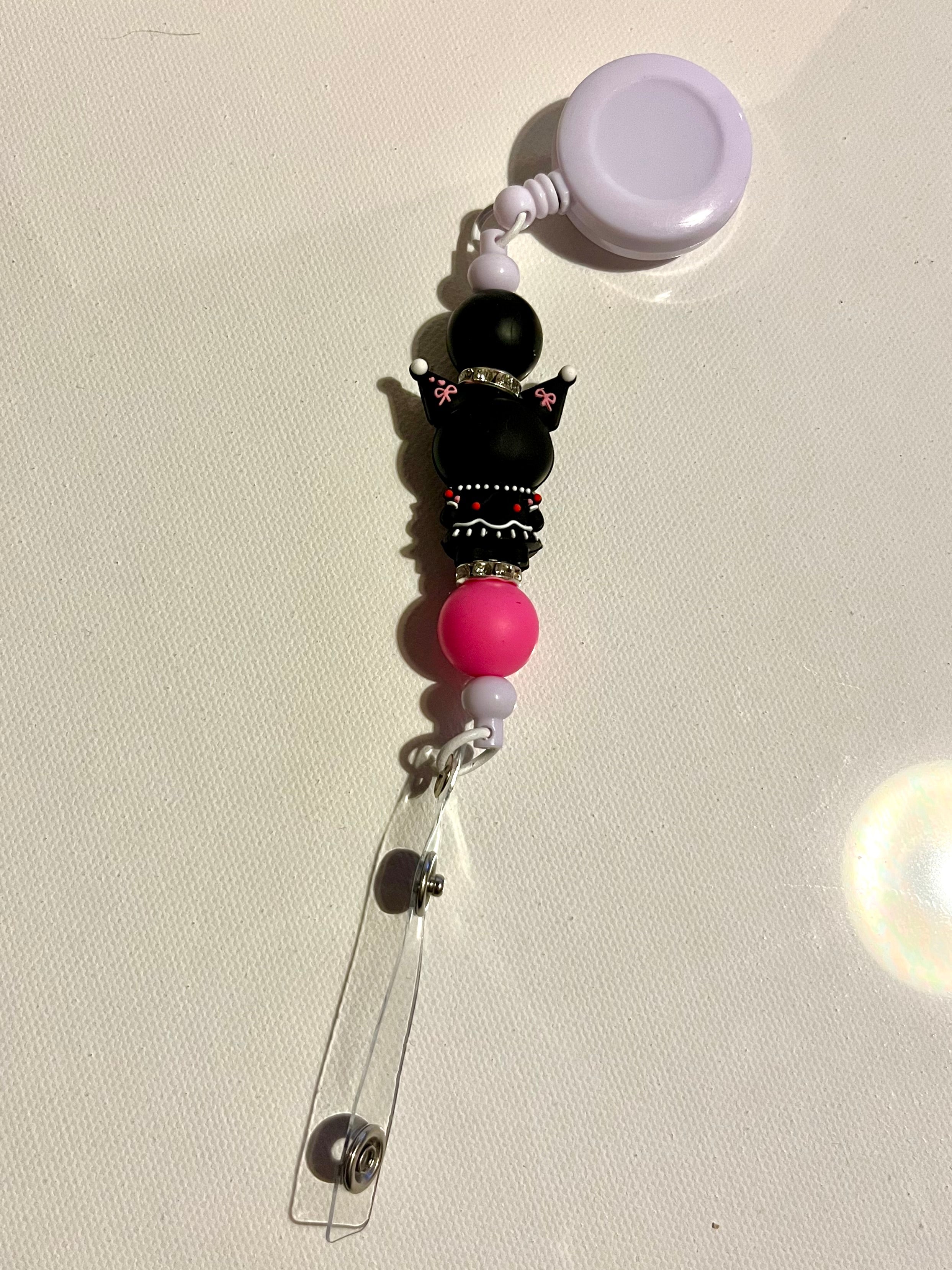 Kuromi Character Badge Reel with Black, Pink & Sparkly Accents