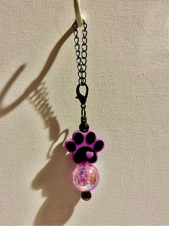 Purple & Black Paw Print Cup Charm w/a Black Heart & Round Iridescent Crackle Bead