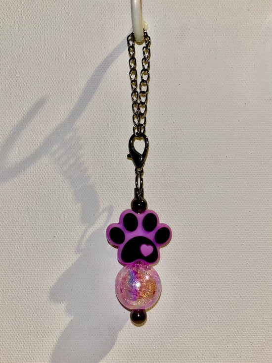 Purple & Black Paw Print Cup Charm w/a Black Heart & Round Iridescent Crackle Bead