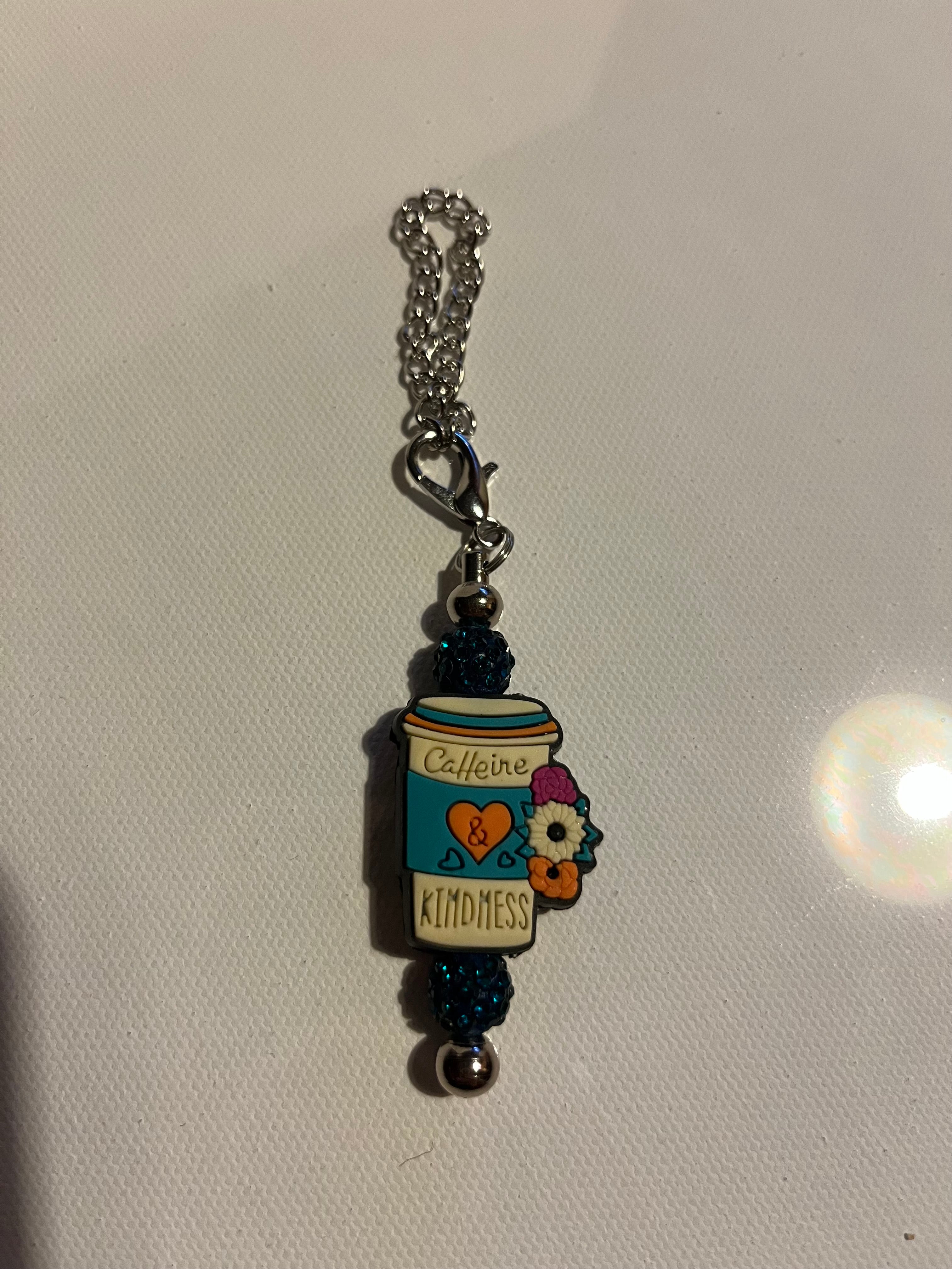 Blue 'Caffeine & Kindness' Coffee Cup Pendant Cup Charm Keychain