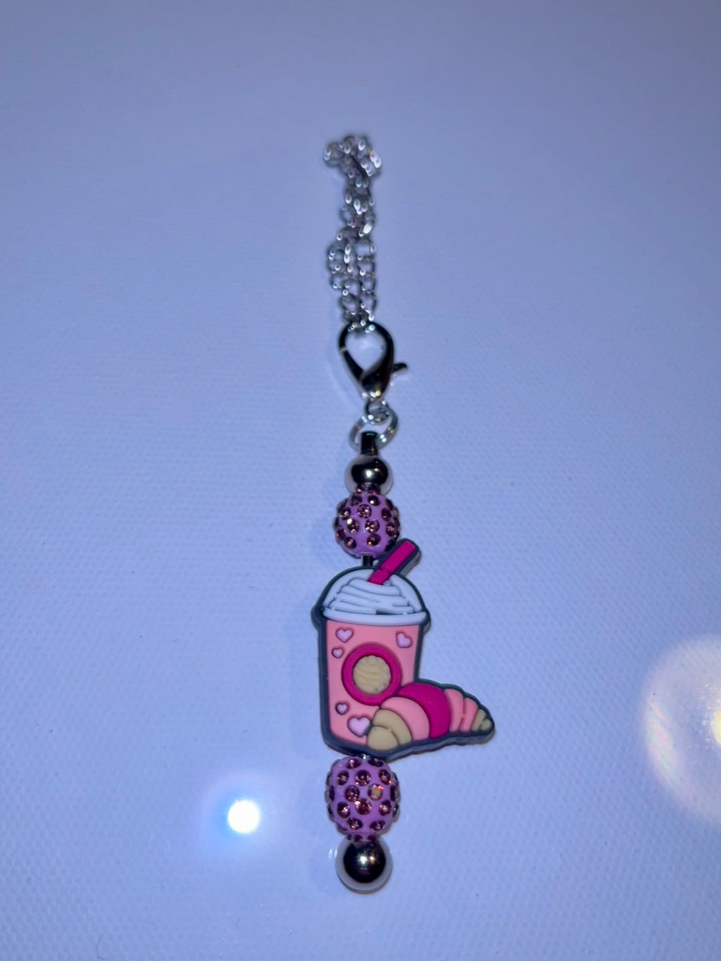 Pink Frapp w/Croissant Cup Charm with Sparkly Accents Keychain