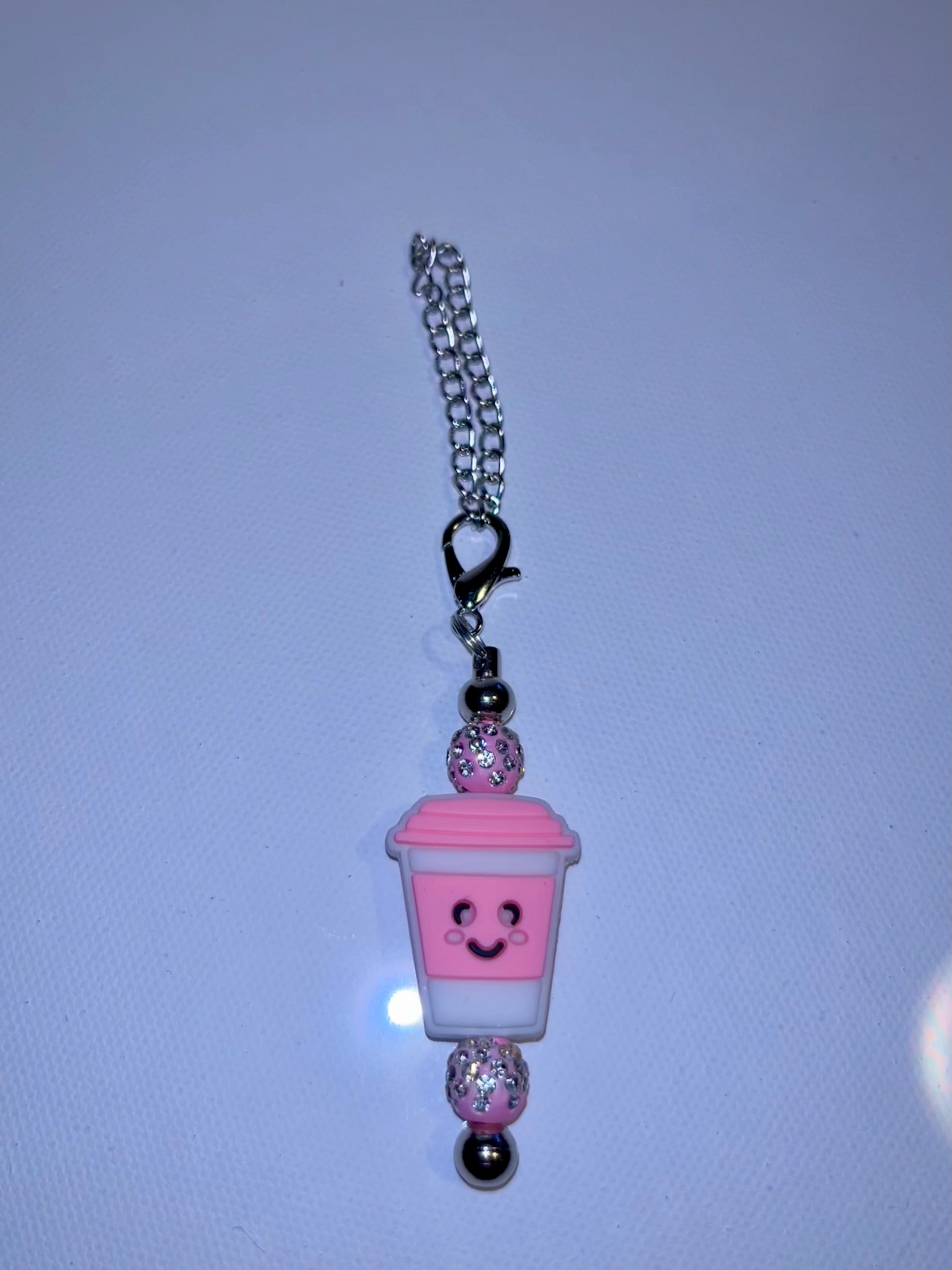 Cute Pink Smiling Coffee Cup Charm with Sparkly Accents Keychain
