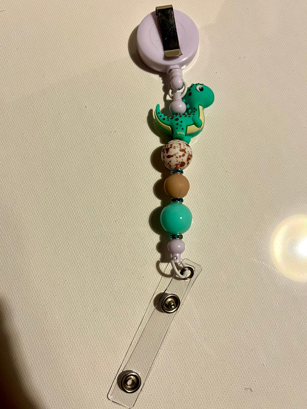 Cute Teal Dinosaur Beaded Keychain with Gold Hardware