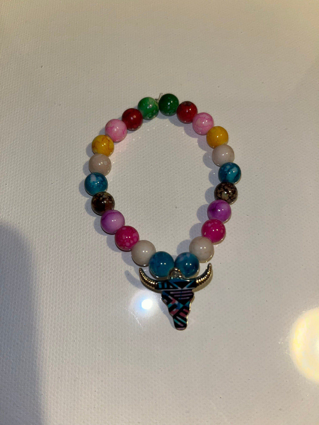 Multicolor Beaded Bracelet with Bull Pendant