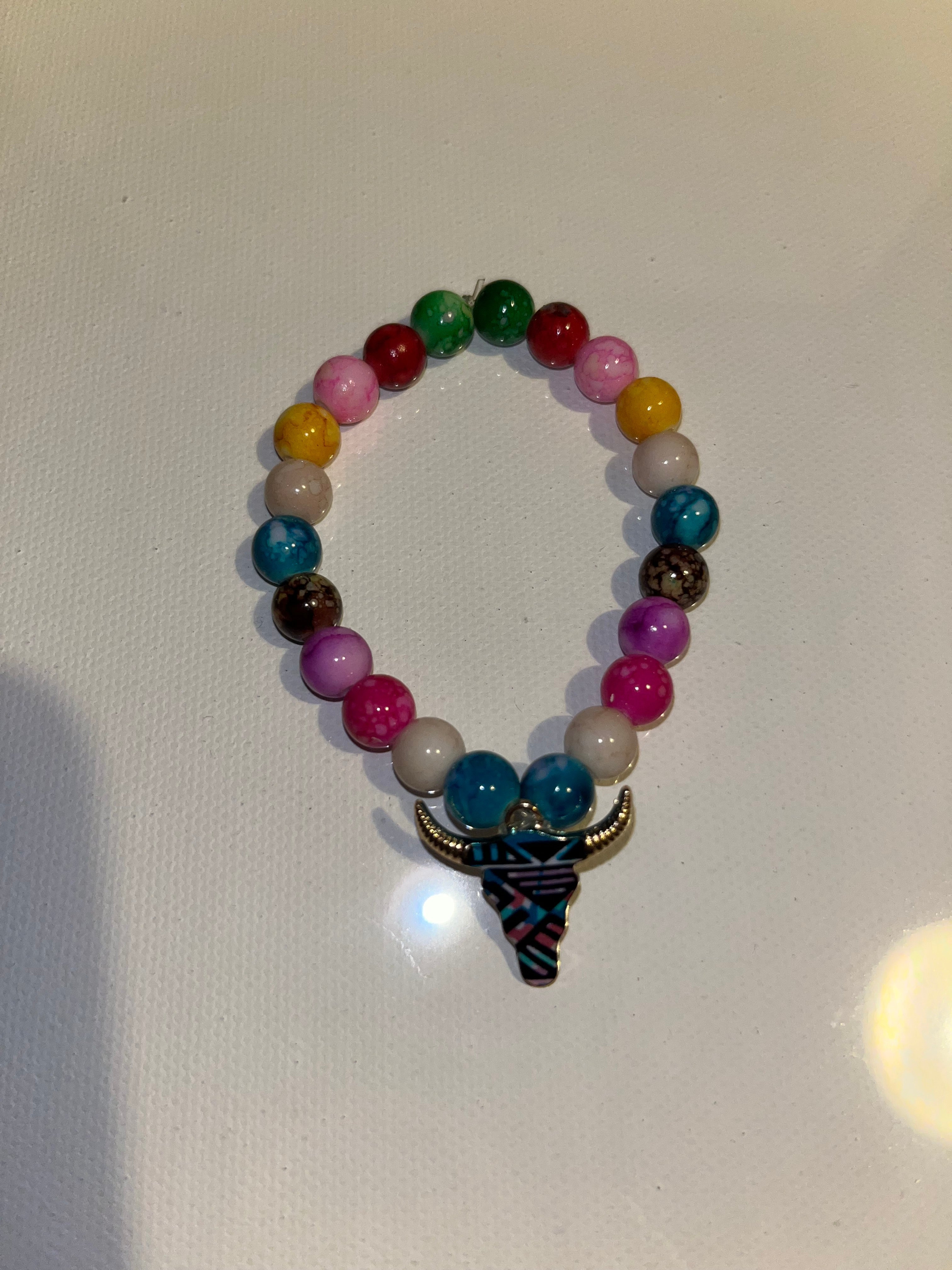 Multicolor Beaded Bracelet with Bull Pendant