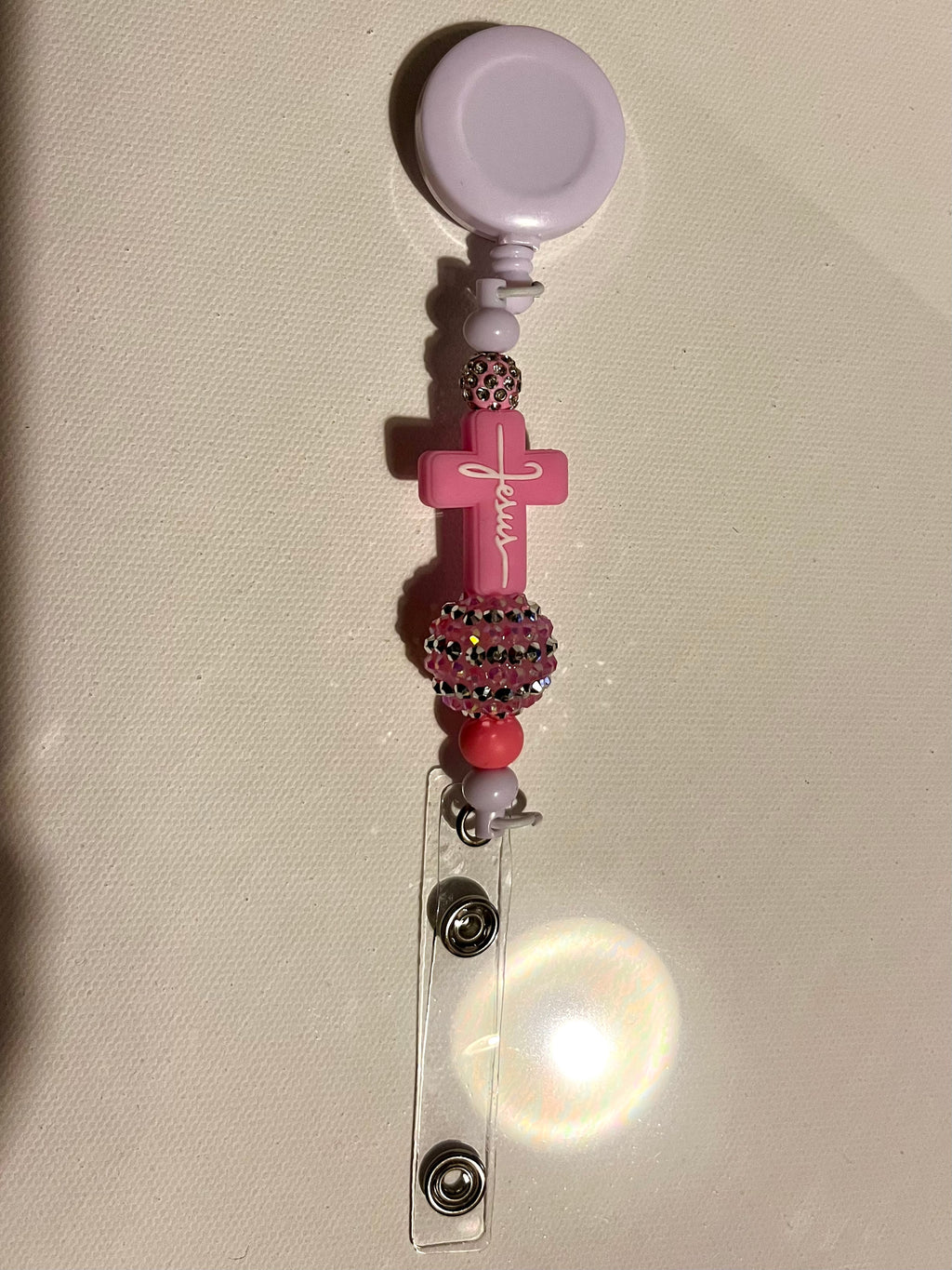 Pink Jesus Cross Badge Reel with Beaded Accent