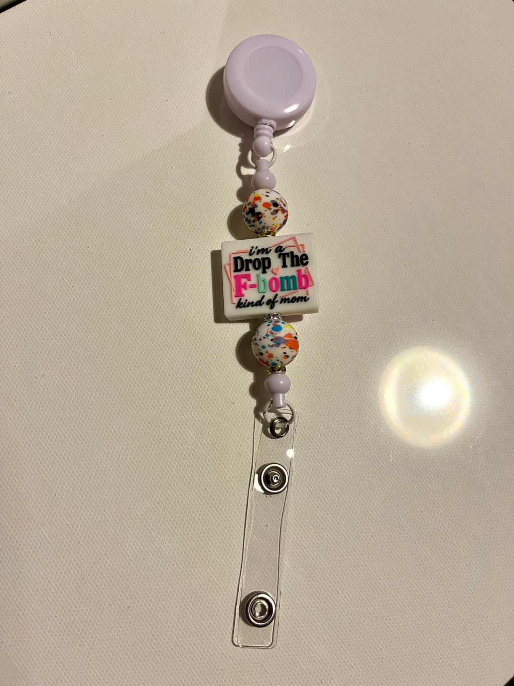 White Beaded Badge Reel - "Drop The F-bomb" Mom Design