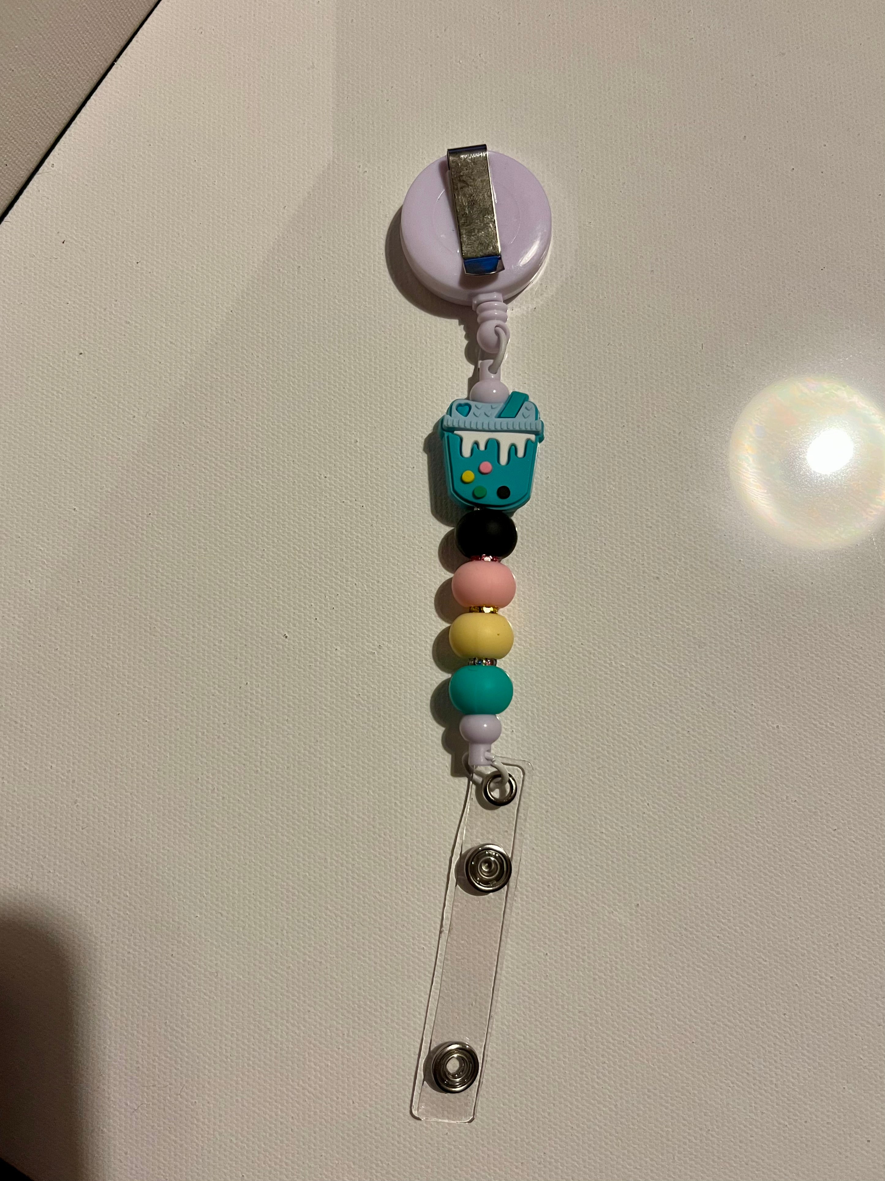 Cute Pastel Beaded Badge Reel with Bubble Tea Charm