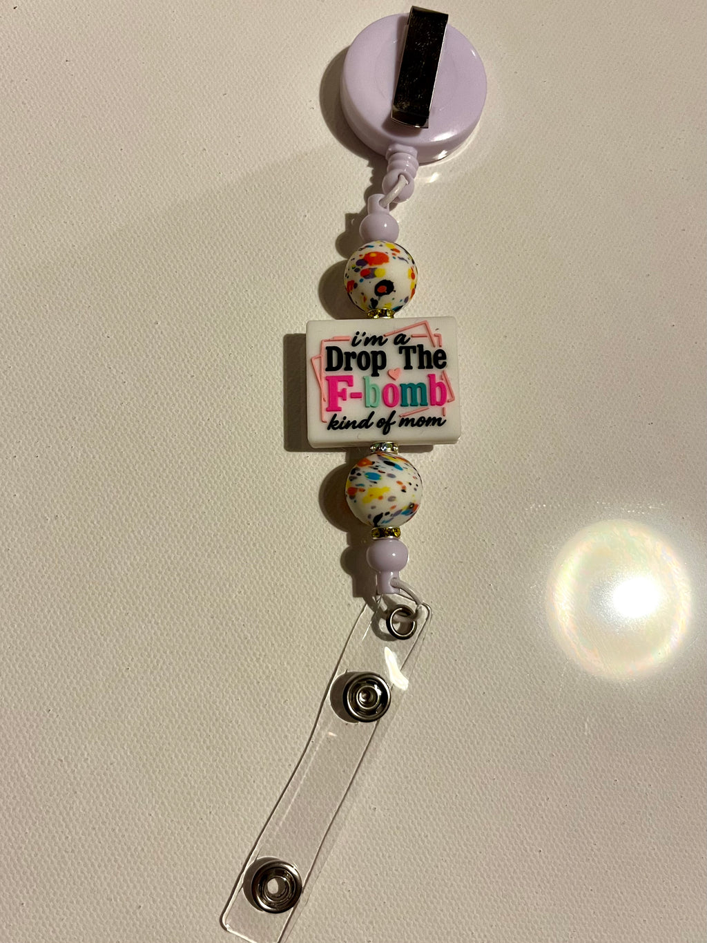 White Beaded Badge Reel - "Drop The F-bomb" Mom Design