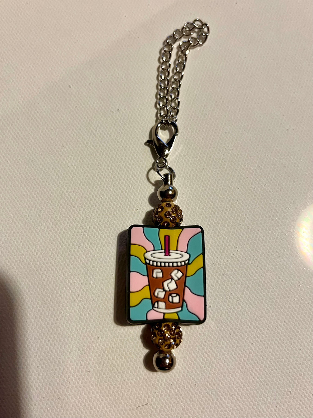 Silver Chain Drink/Tea Cup Charm Keychain with Pink & Blue Sparkly Accents