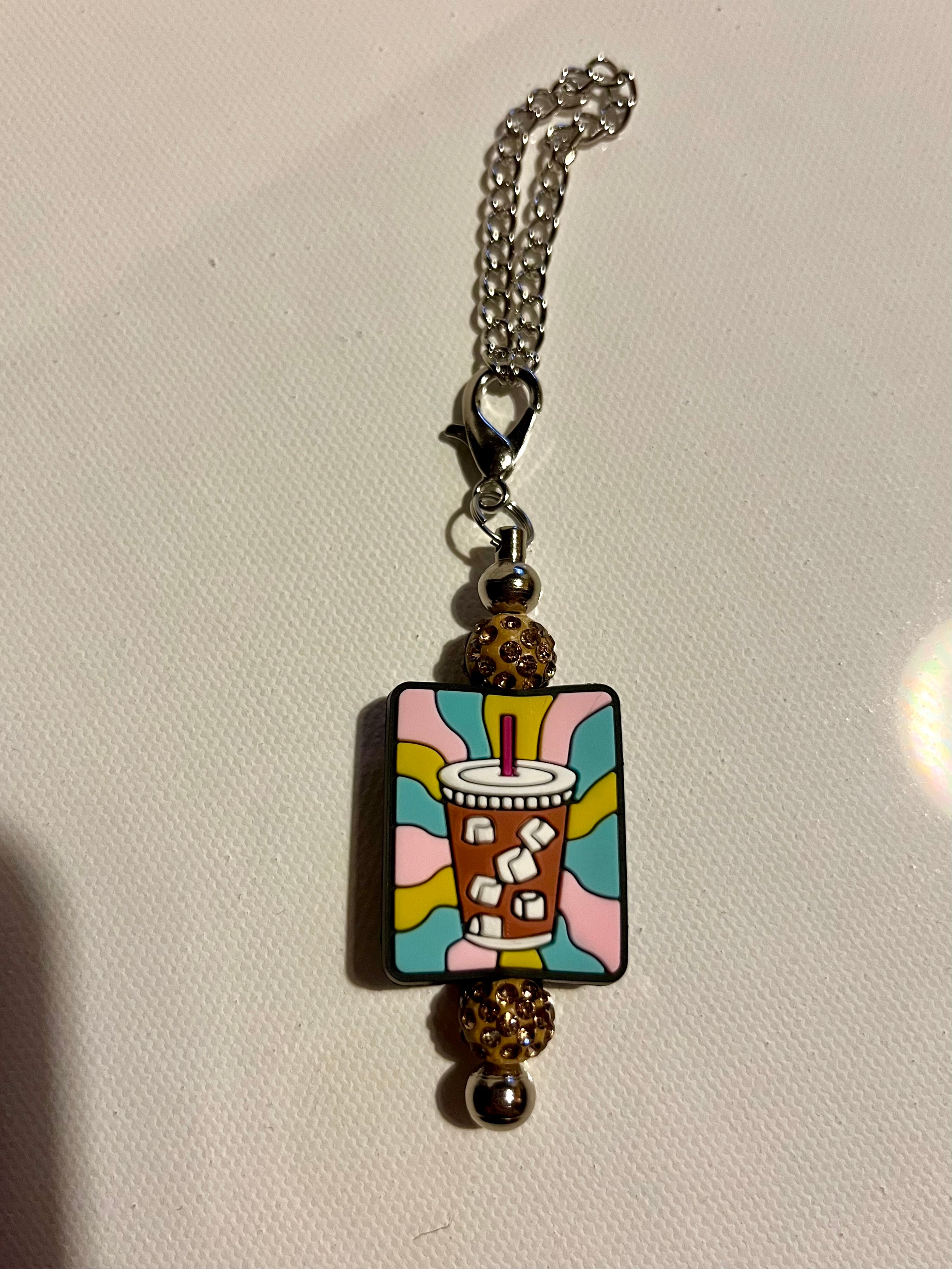 Silver Chain Drink/Tea Cup Charm Keychain with Pink & Blue Sparkly Accents