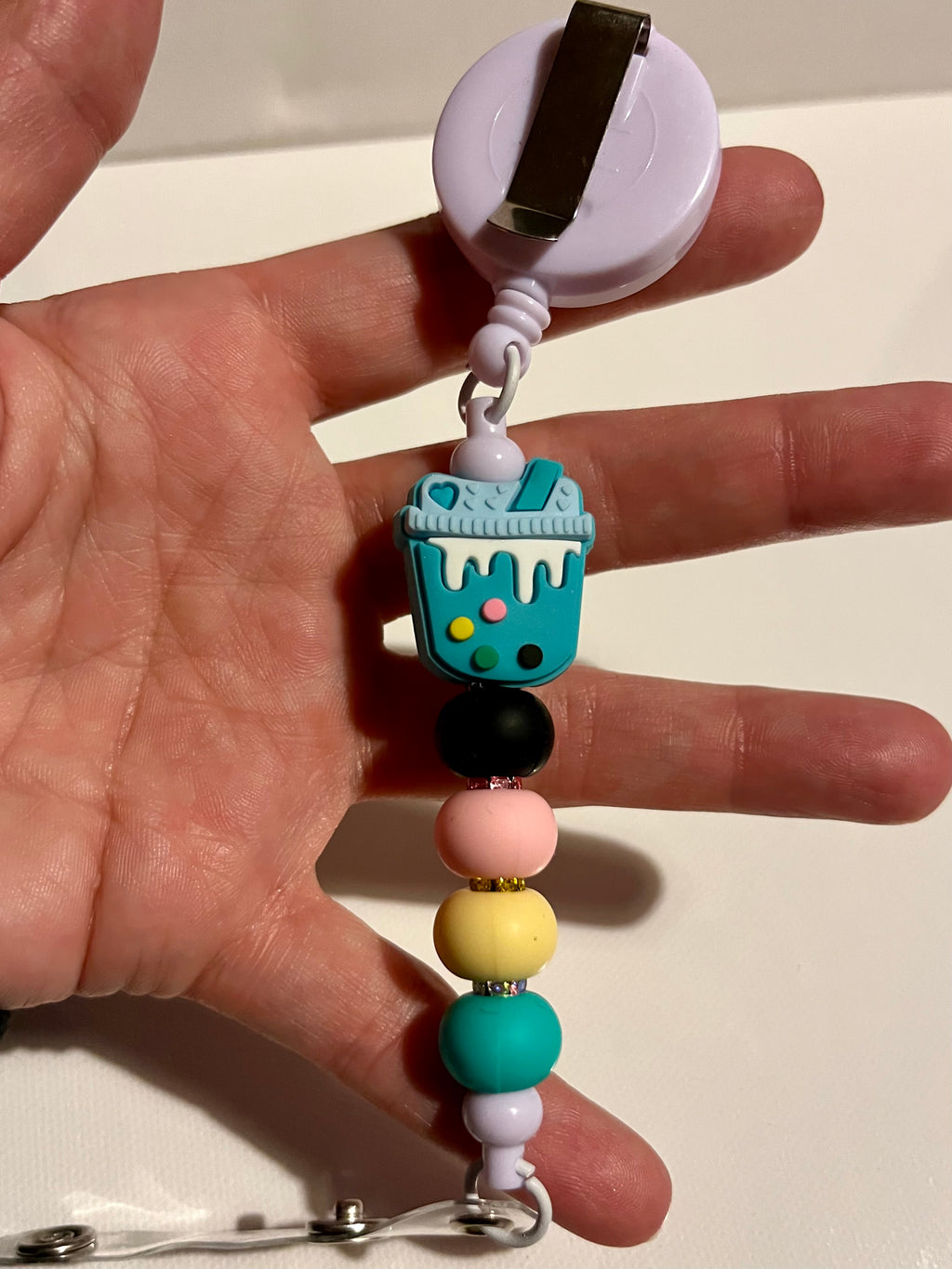 Cute Pastel Beaded Badge Reel with Bubble Tea Charm