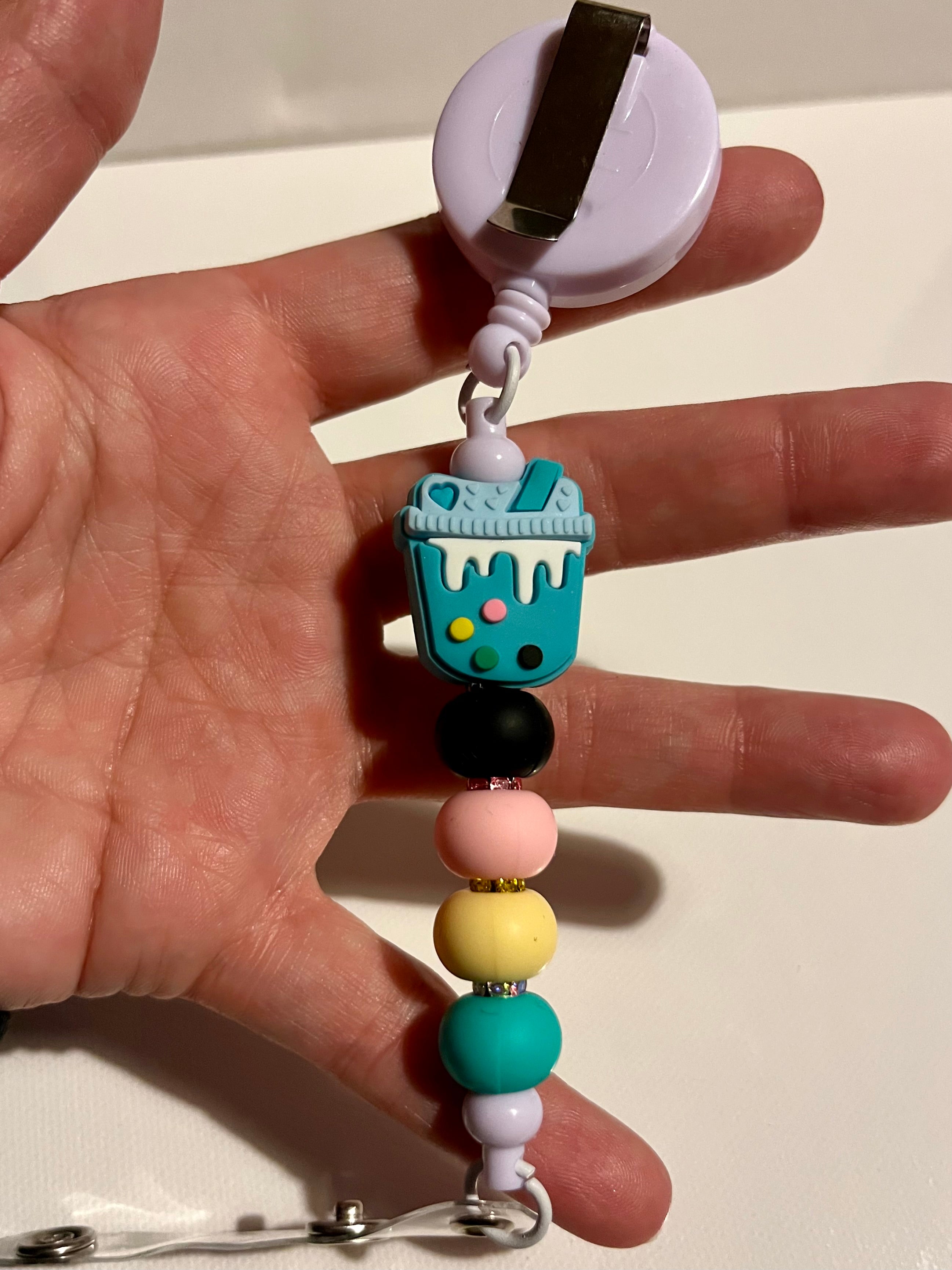 Cute Pastel Beaded Badge Reel with Bubble Tea Charm
