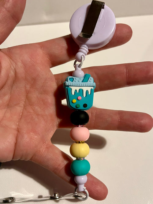 Cute Pastel Beaded Badge Reel with Bubble Tea Charm