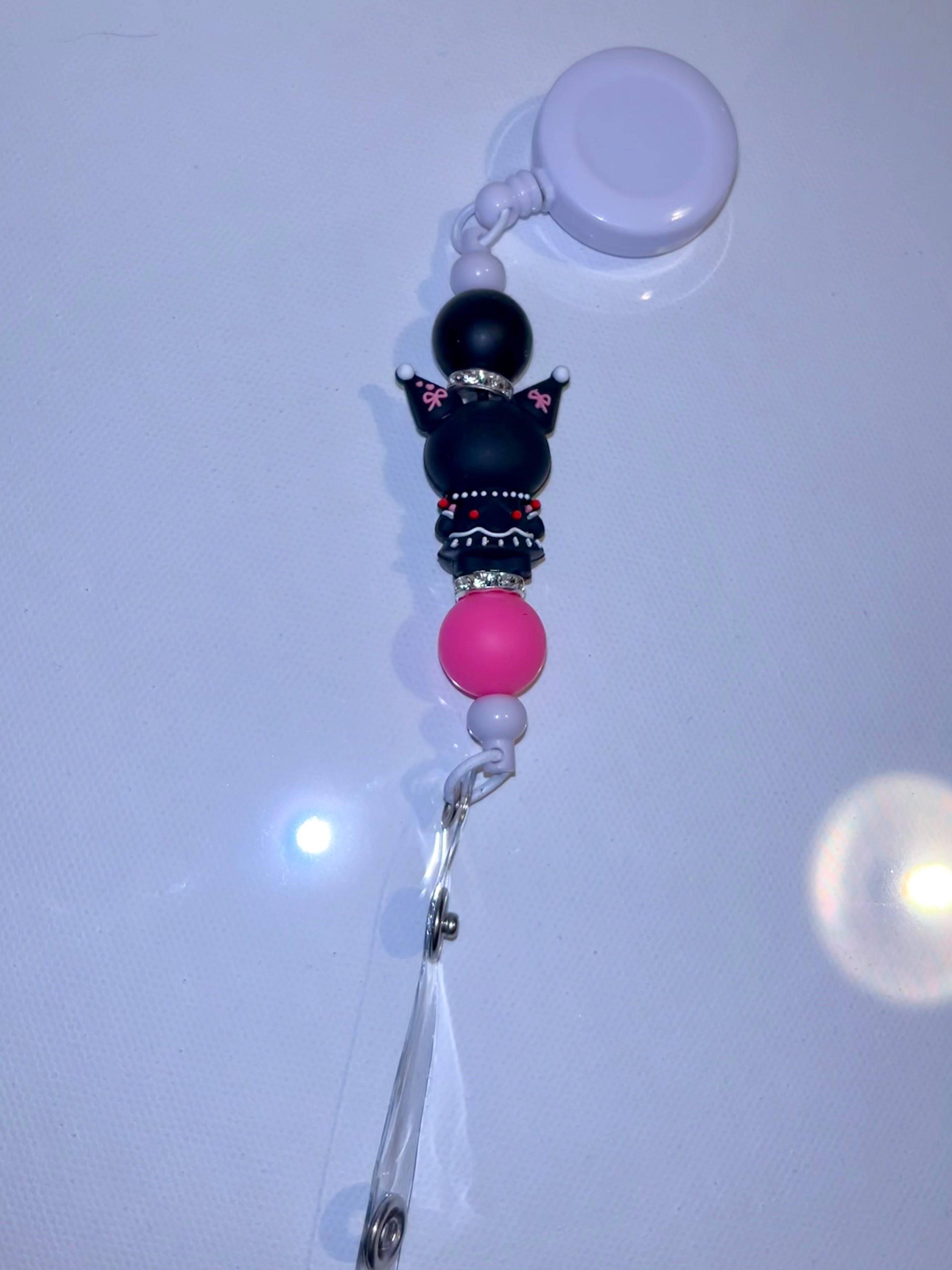 Kuromi Character Badge Reel with Black, Pink & Sparkly Accents