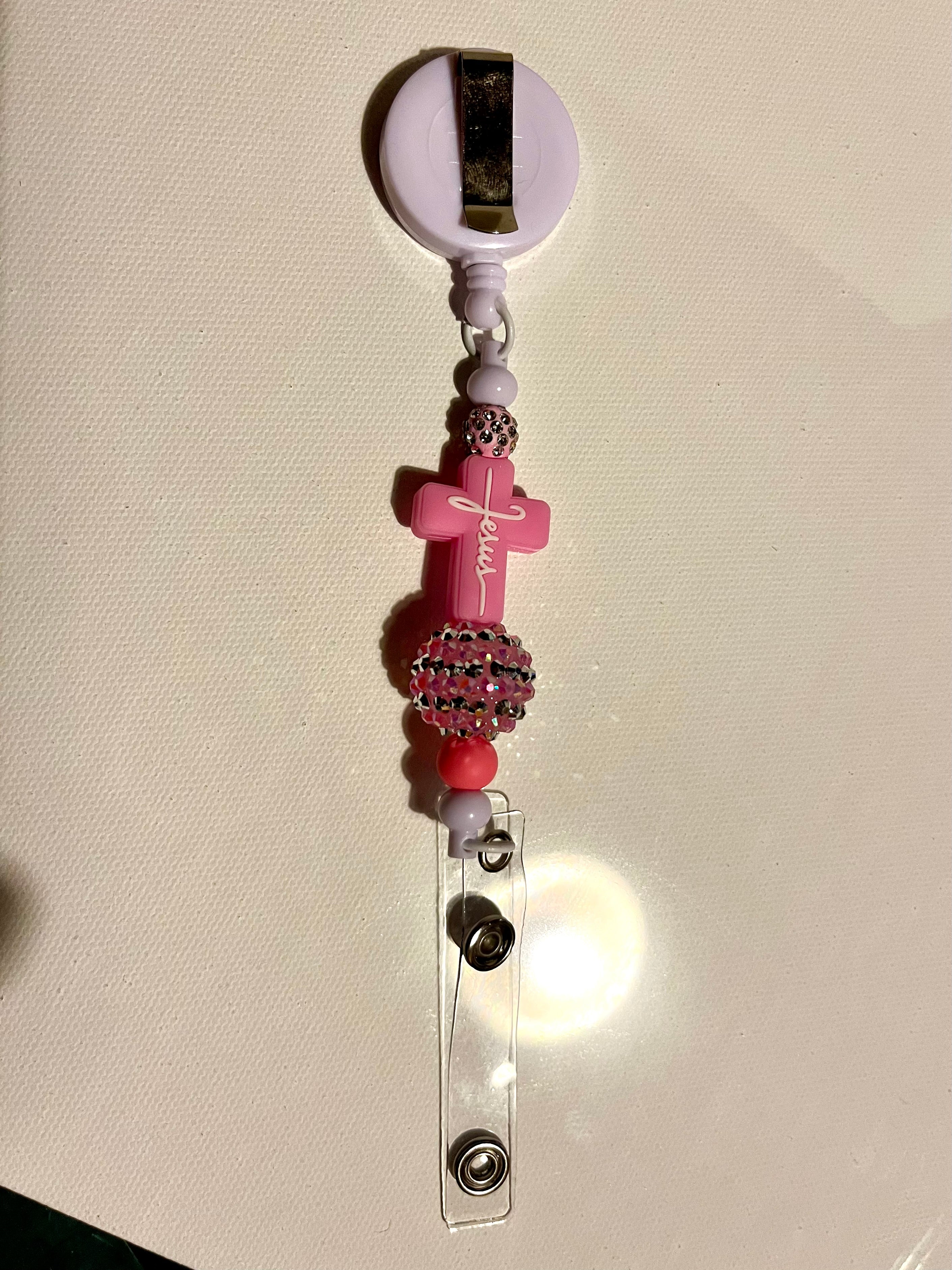 Pink Jesus Cross Badge Reel with Beaded Accent