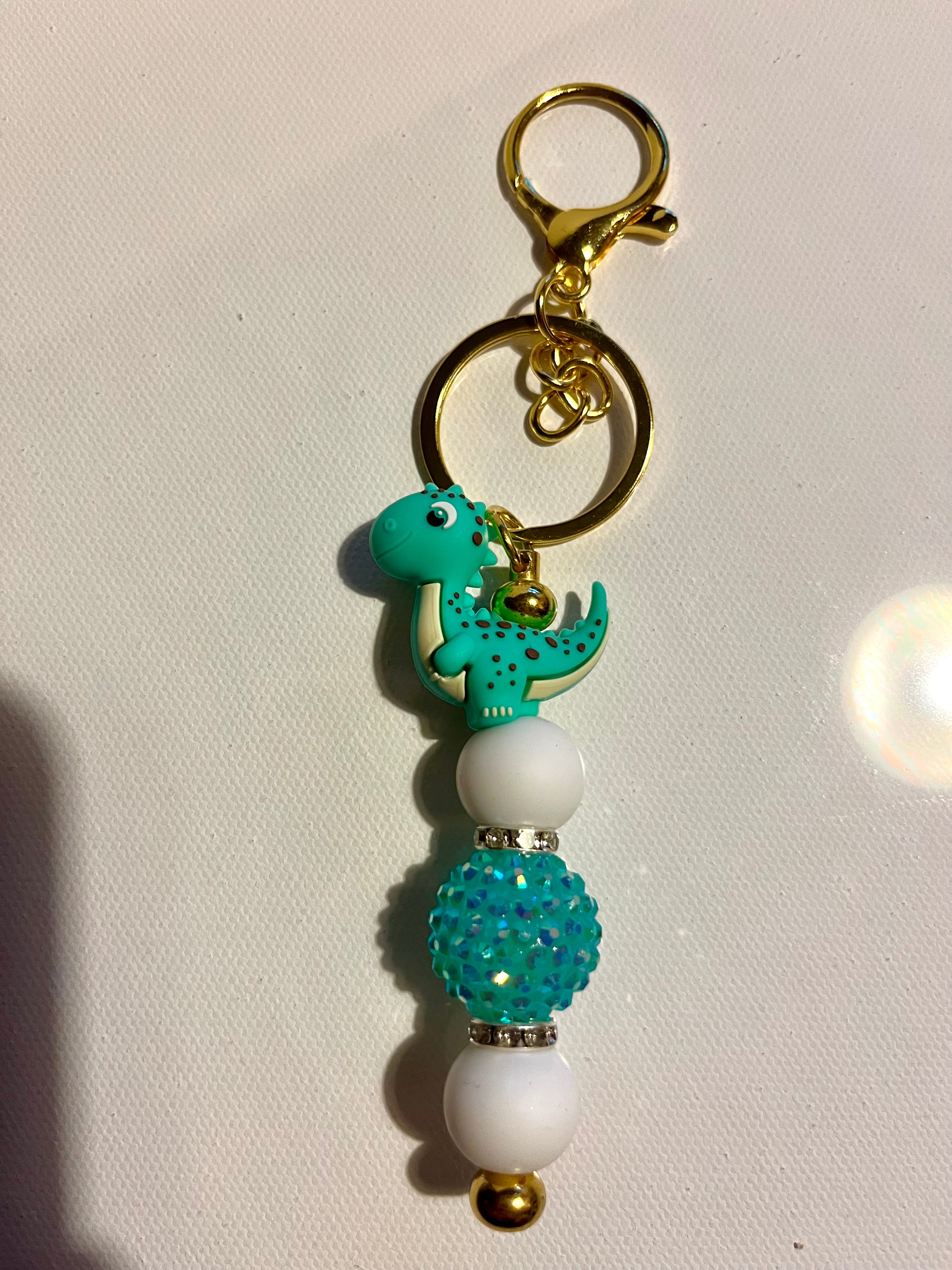 Cute Teal Dinosaur Beaded Keychain with Gold Hardware