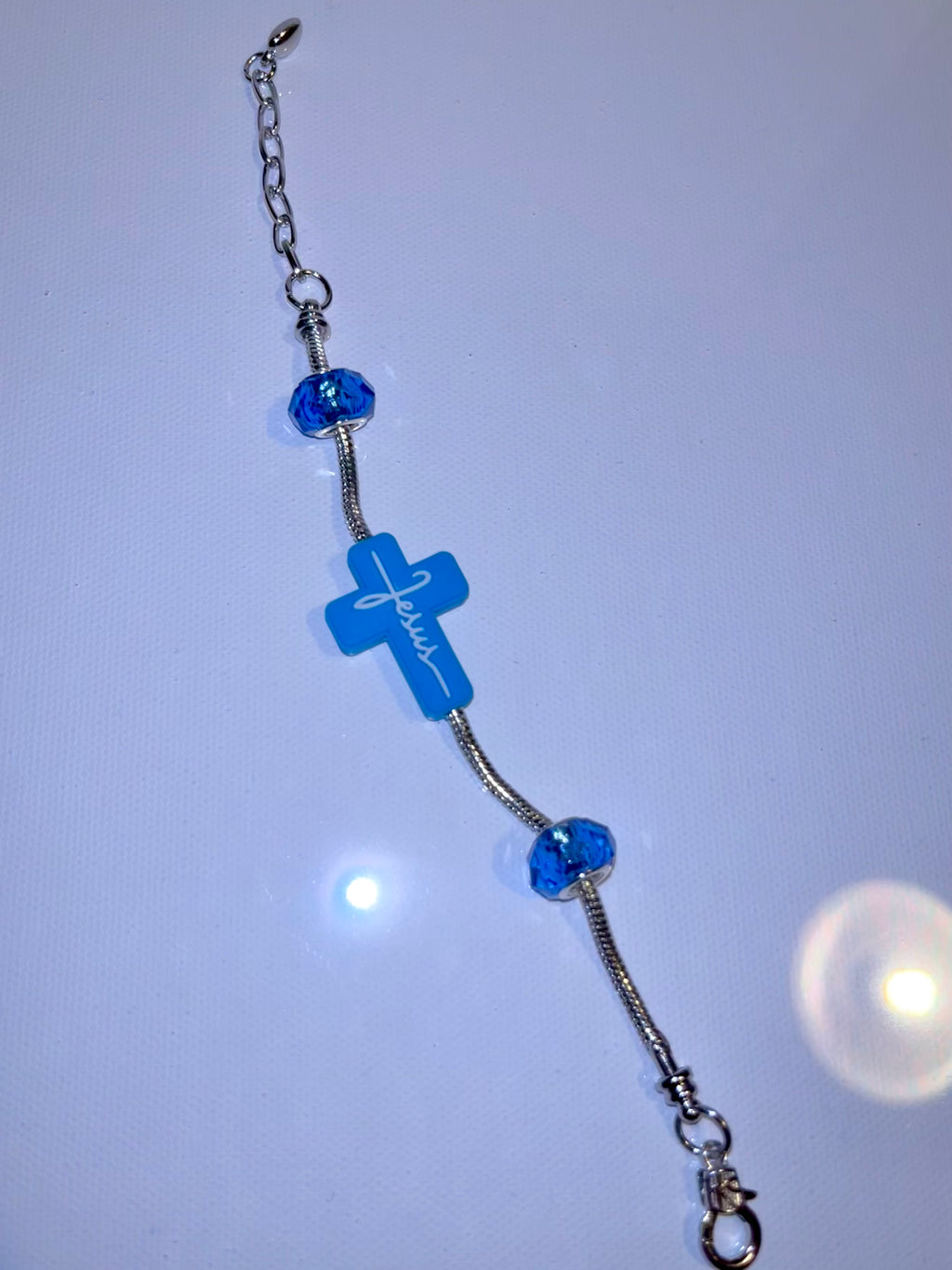 Blue Faith Cross Bracelet with Crystal Beads