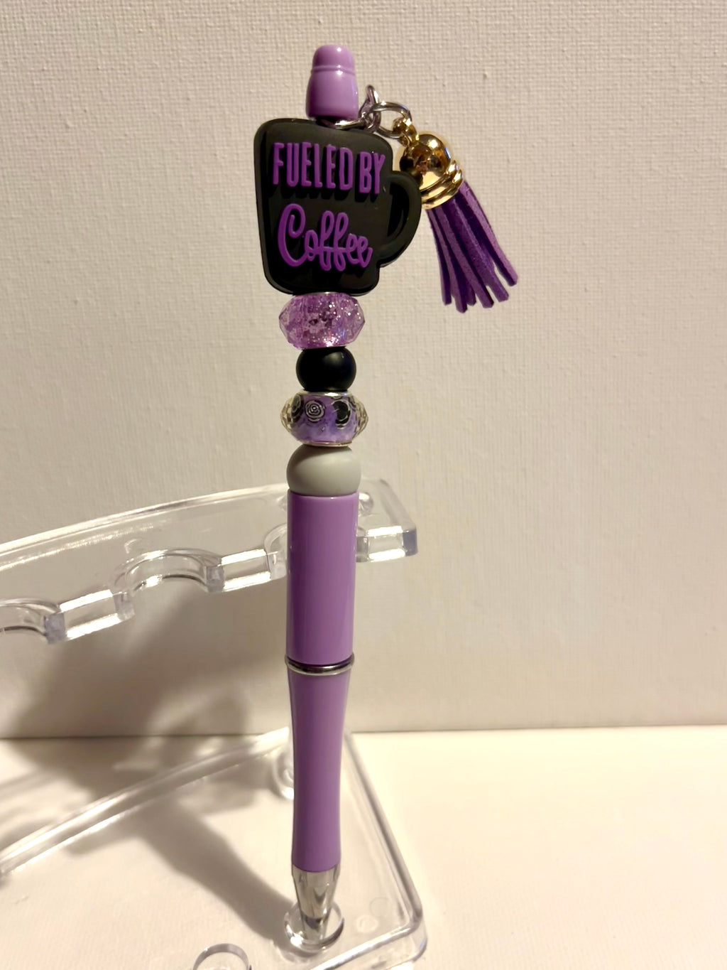 Purple & Lavender Beaded 'Fueled by Coffee' Decorative Pen