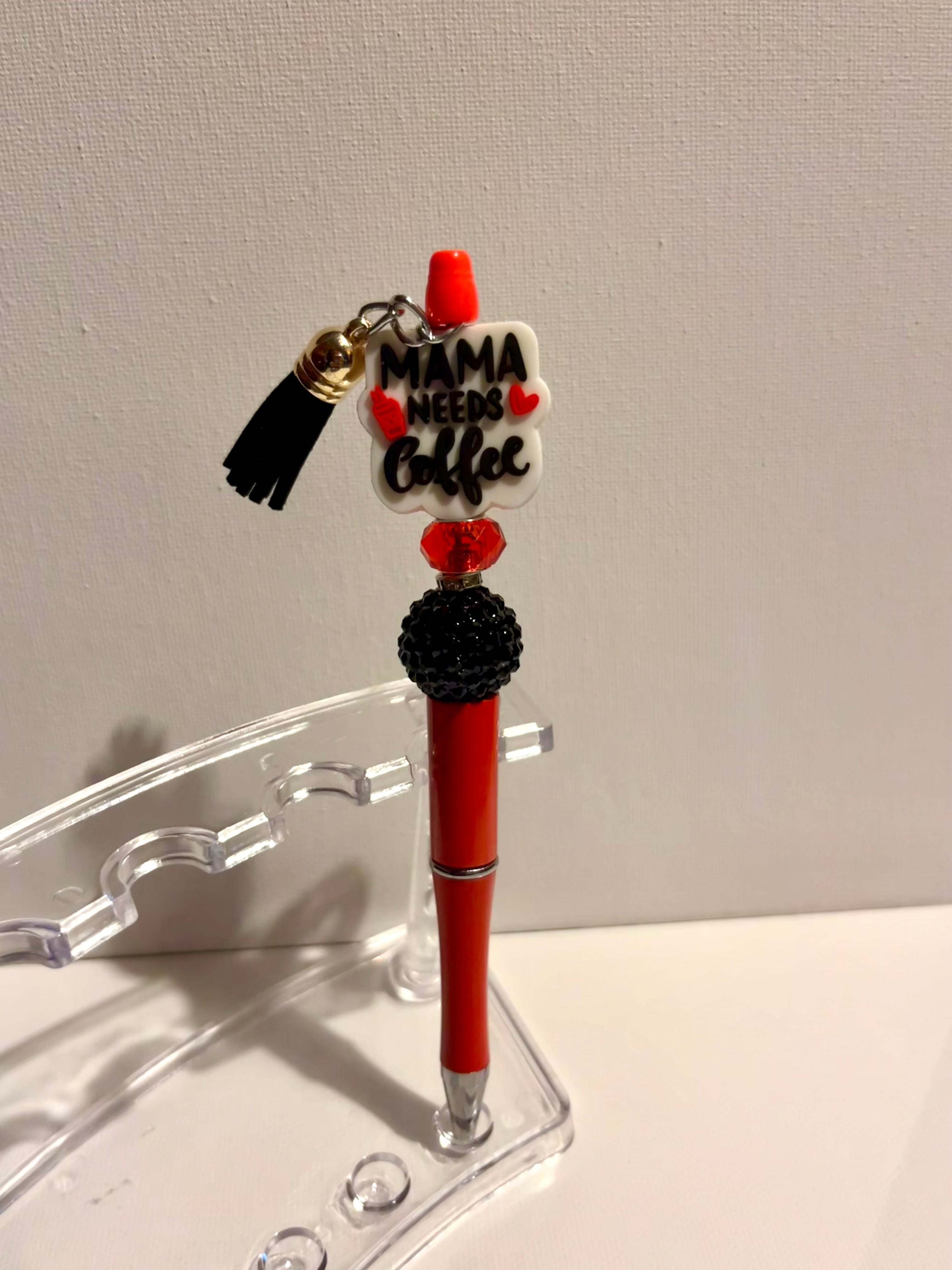 “Mama Needs Coffee” Red Decorative Beaded Ballpoint Pen