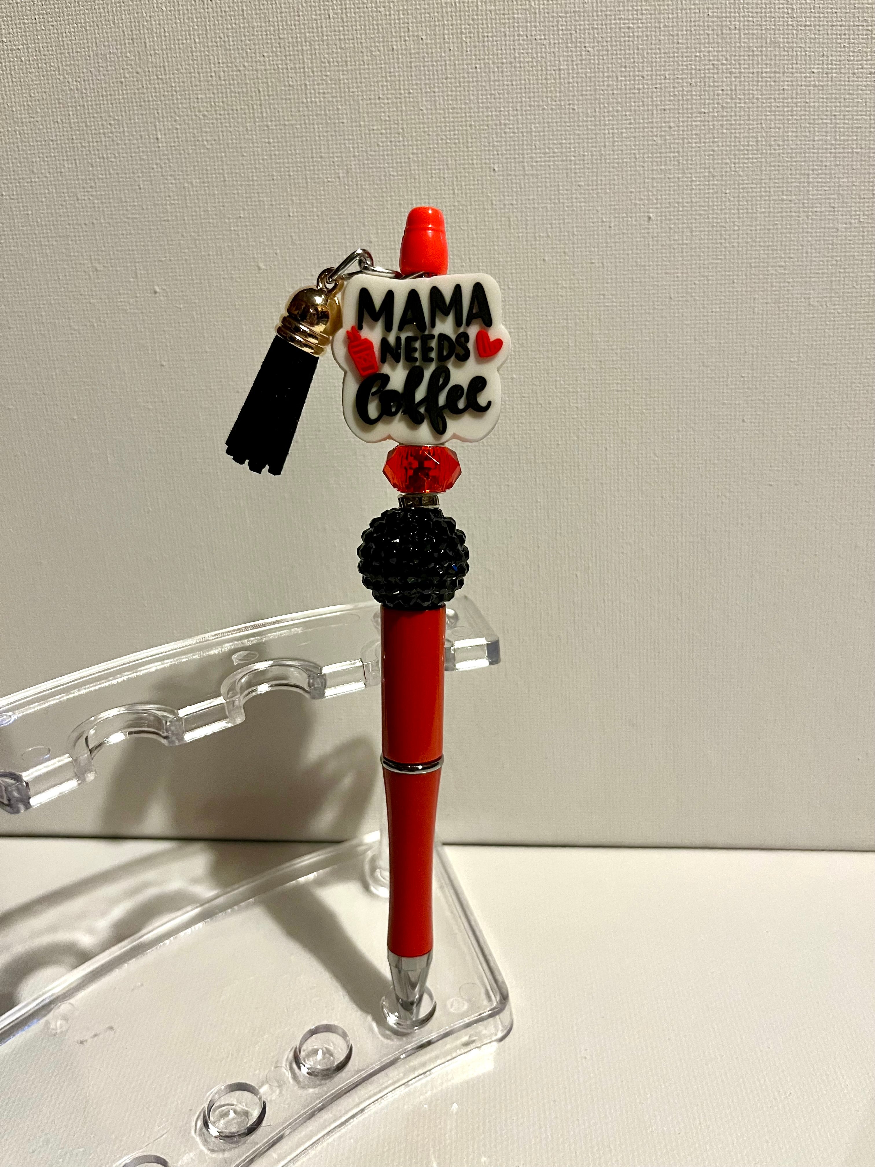 “Mama Needs Coffee” Red Decorative Beaded Ballpoint Pen