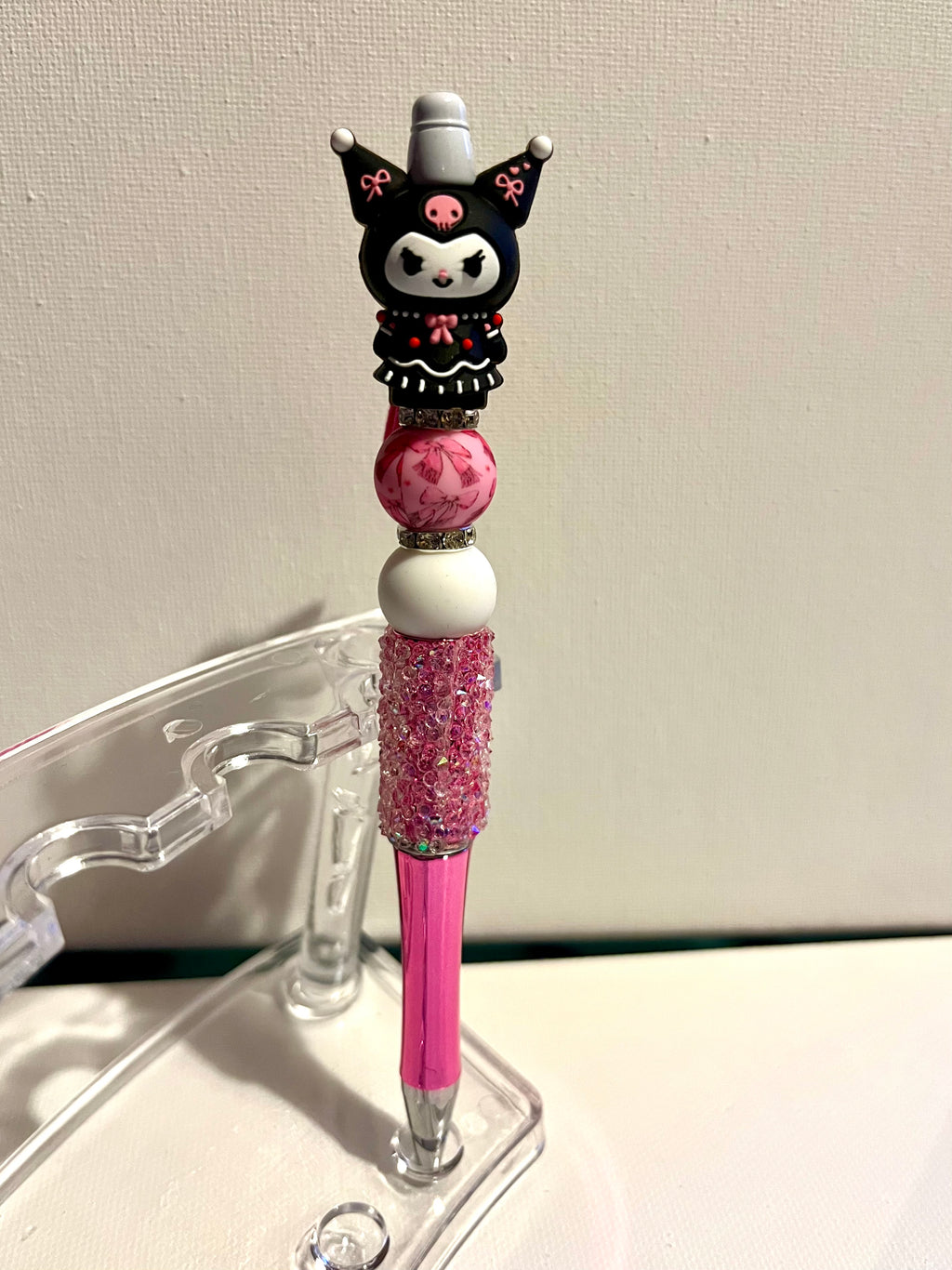 Cute Sparkly Pink and Black Kuromi Character Beaded Ballpoint Pen