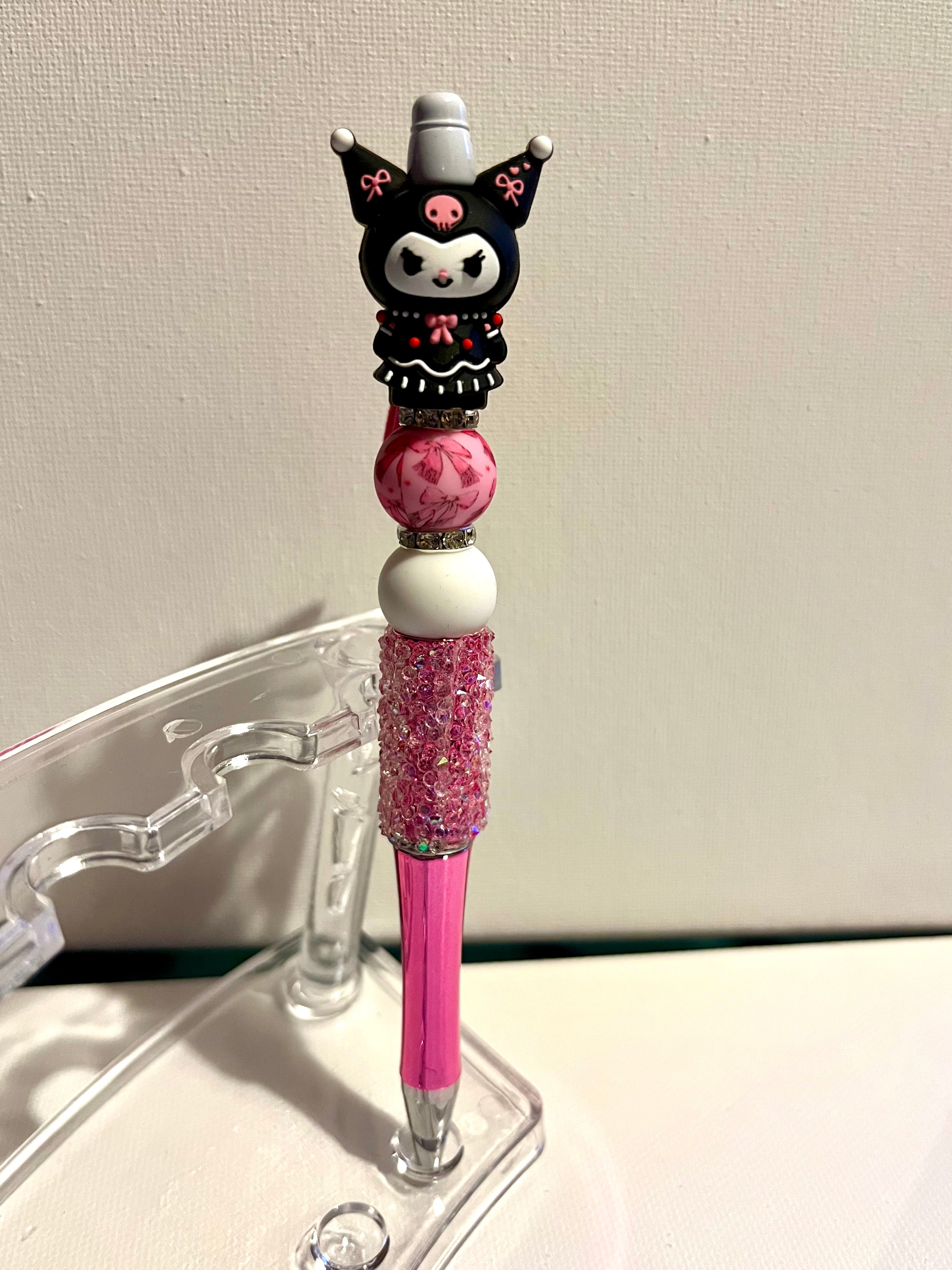 Cute Sparkly Pink and Black Kuromi Character Beaded Ballpoint Pen
