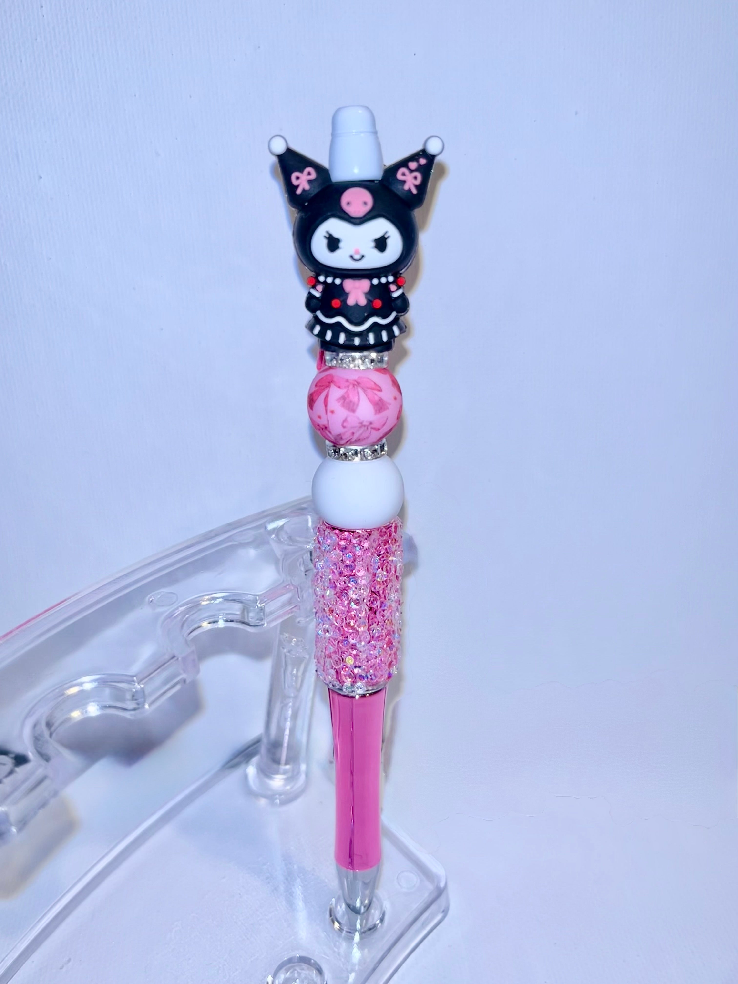 Cute Sparkly Pink and Black Kuromi Character Beaded Ballpoint Pen
