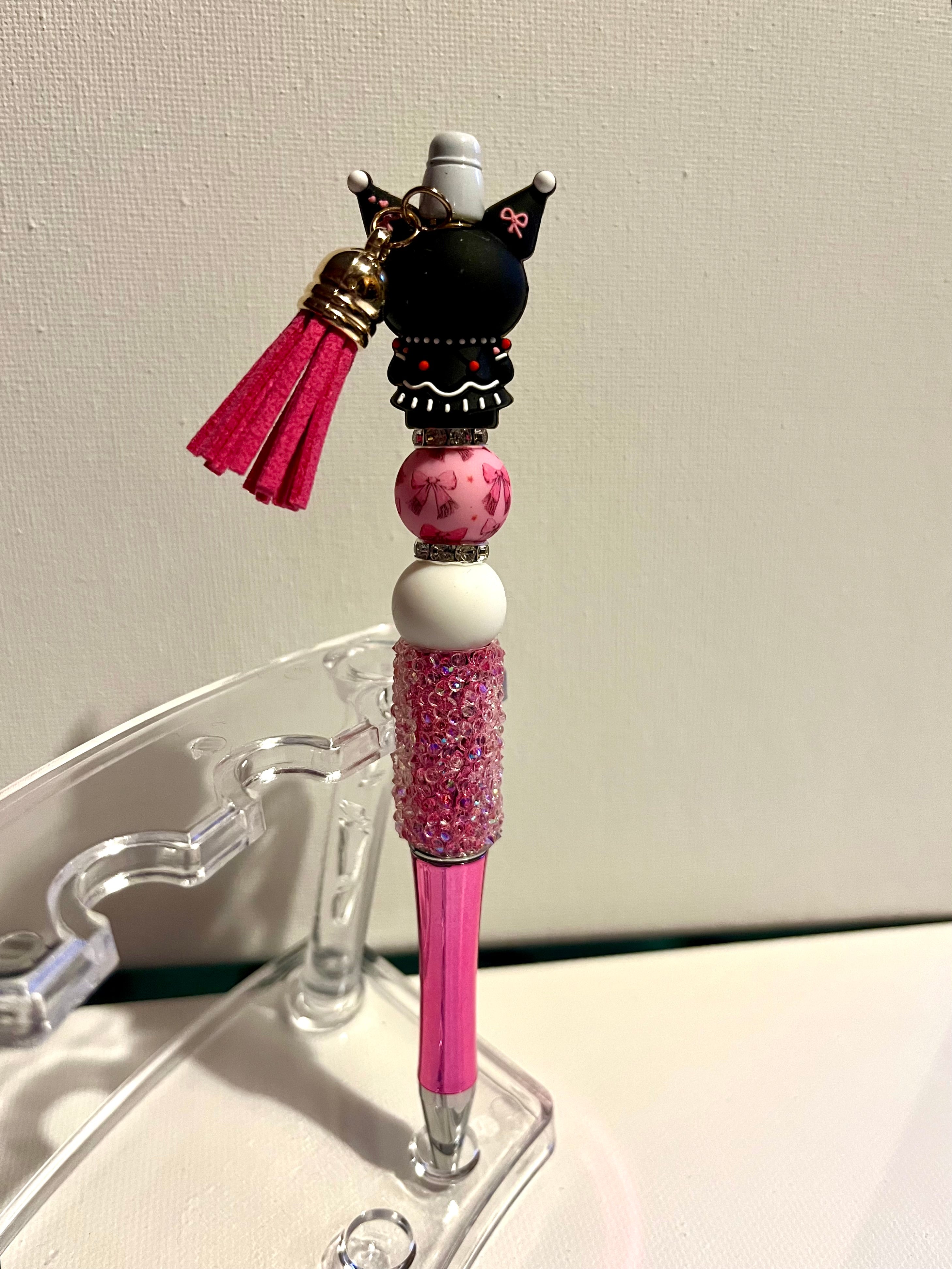 Cute Sparkly Pink and Black Kuromi Character Beaded Ballpoint Pen