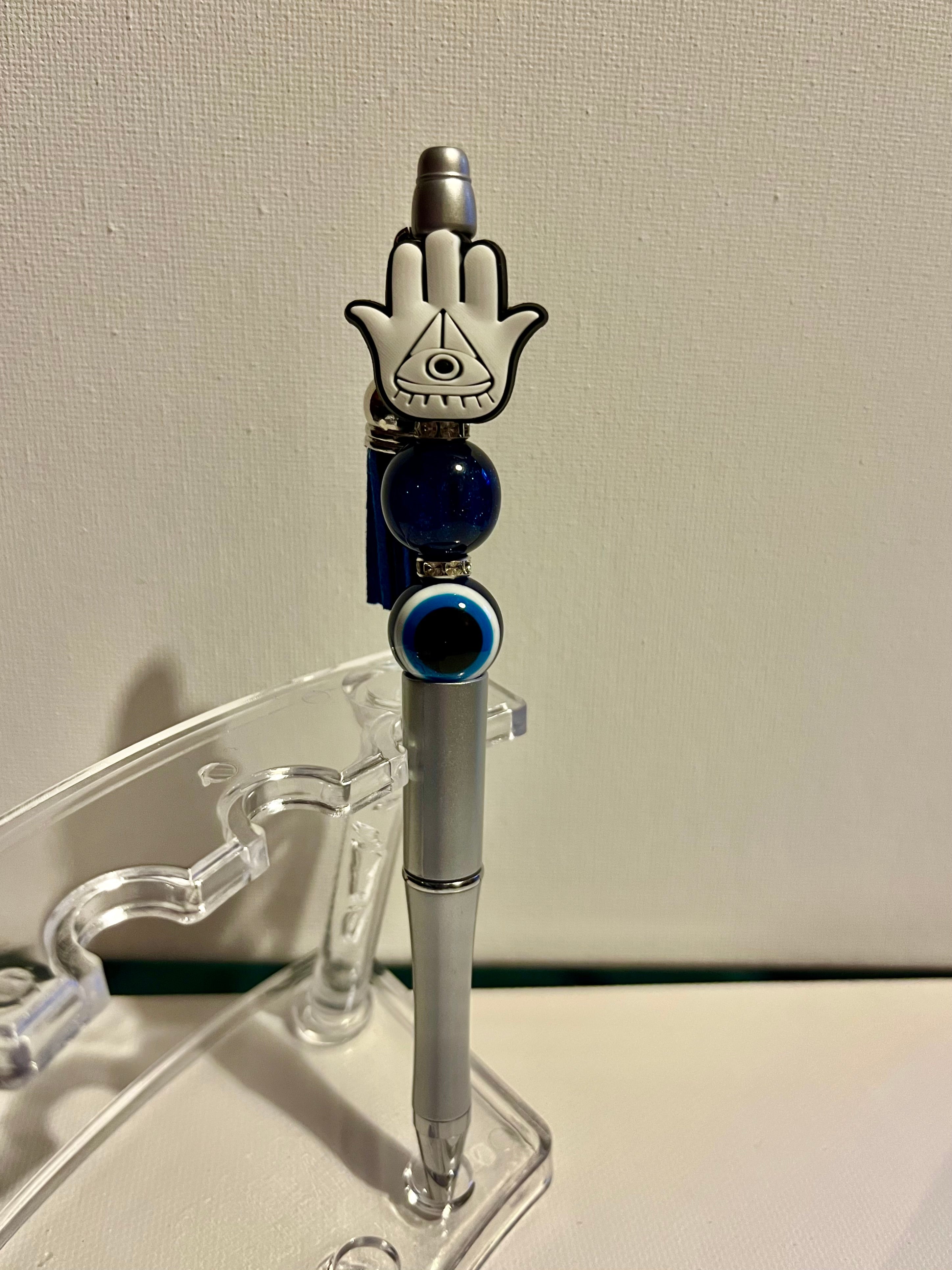 Silver Pen with Blue Tassel and Hamsa Charm - Decorative Writing Pen