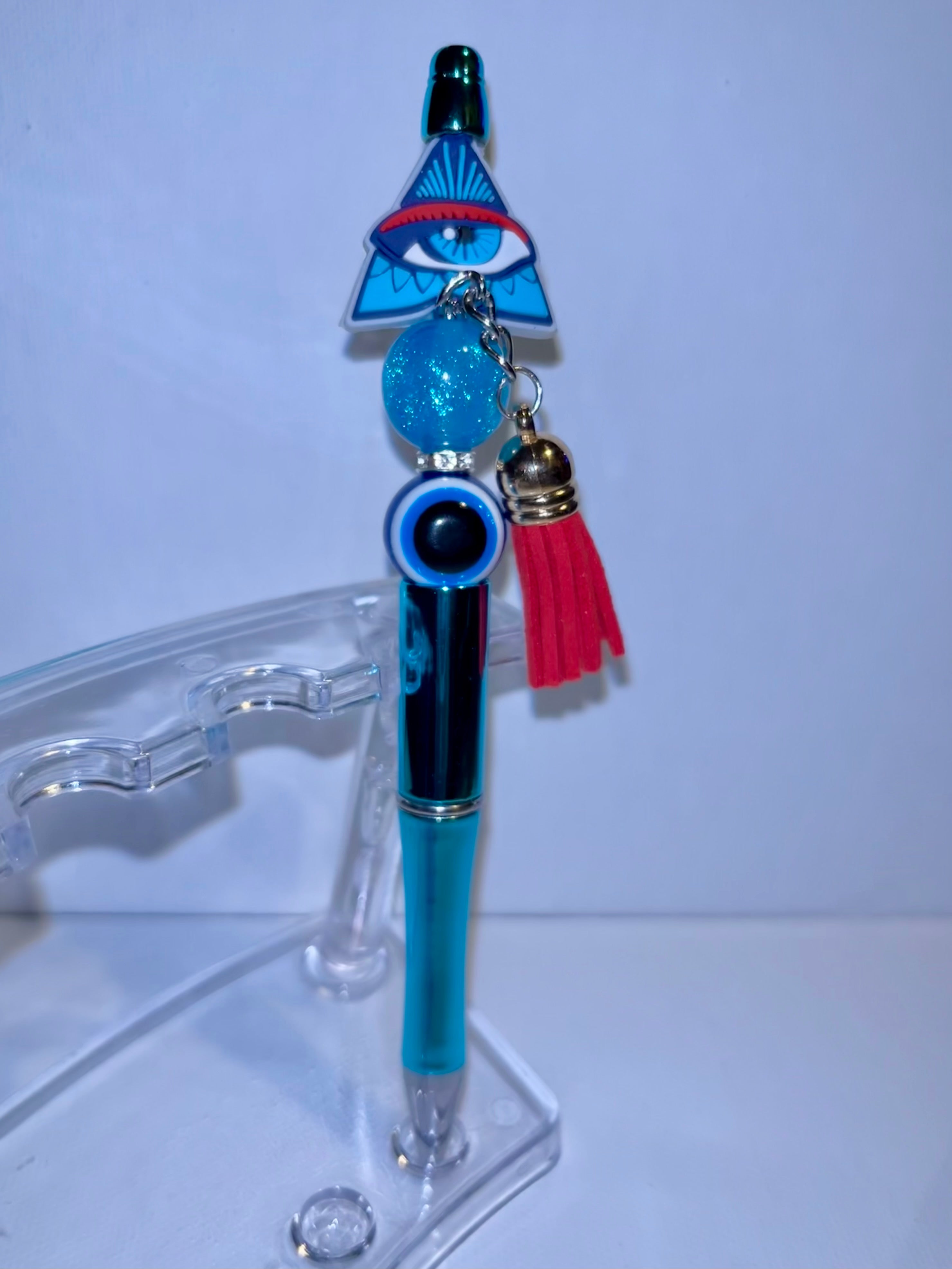 Blue Evil Eye Charm Ballpoint Pen with Red Tassel
