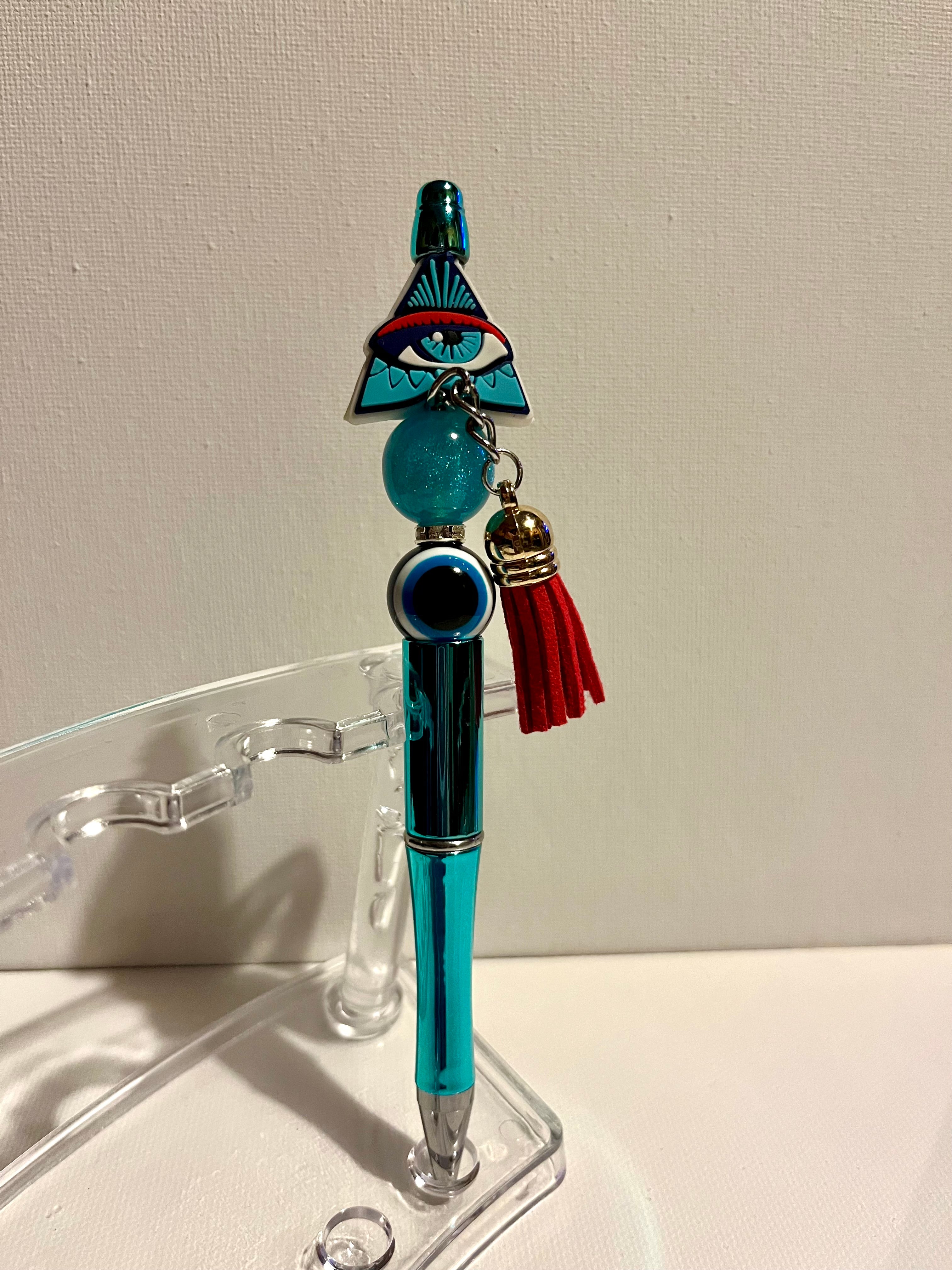 Blue Evil Eye Charm Ballpoint Pen with Red Tassel