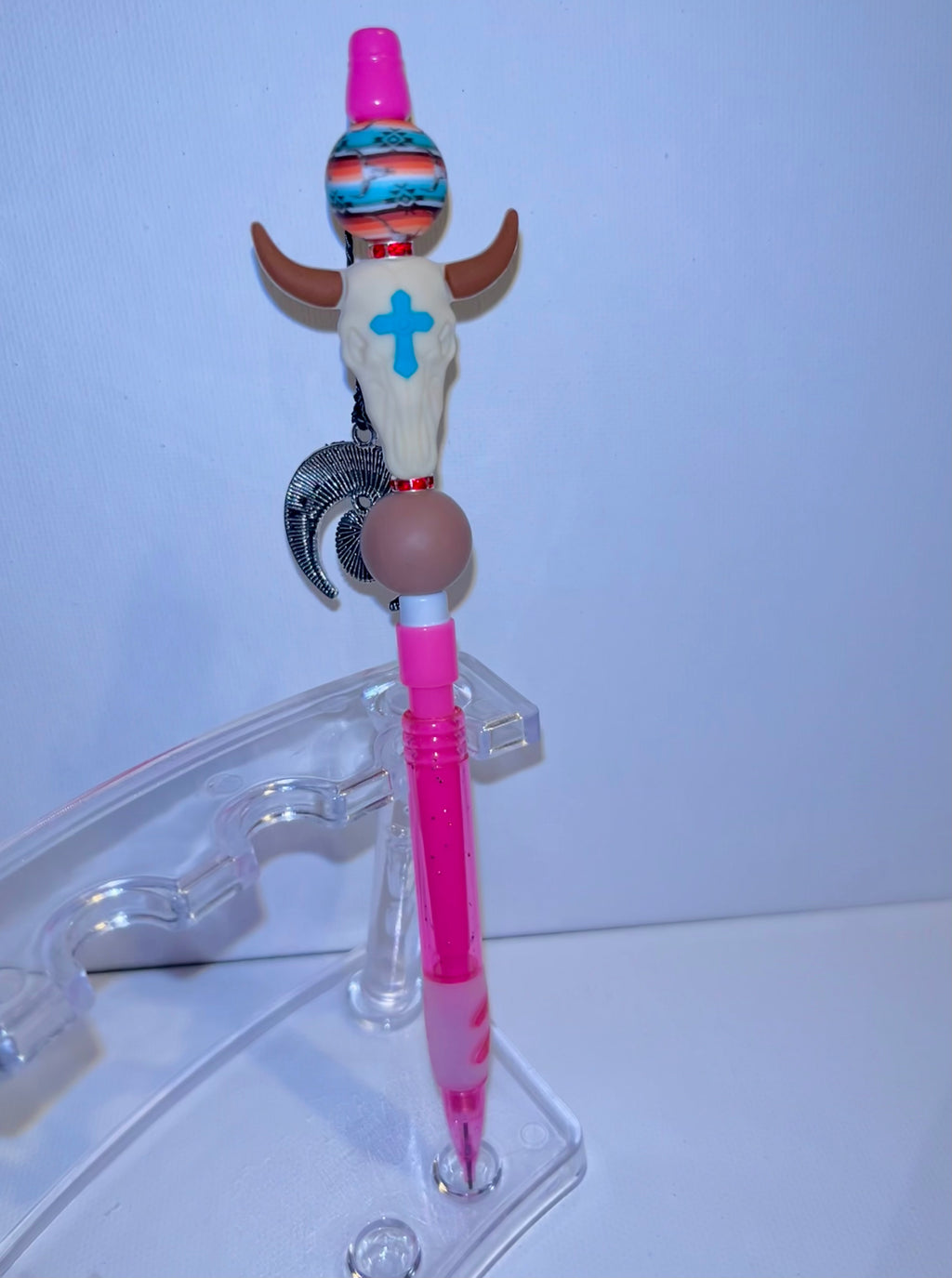 Pink Western Skull w/Charm Beaded Refillable Mechanical Pencil
