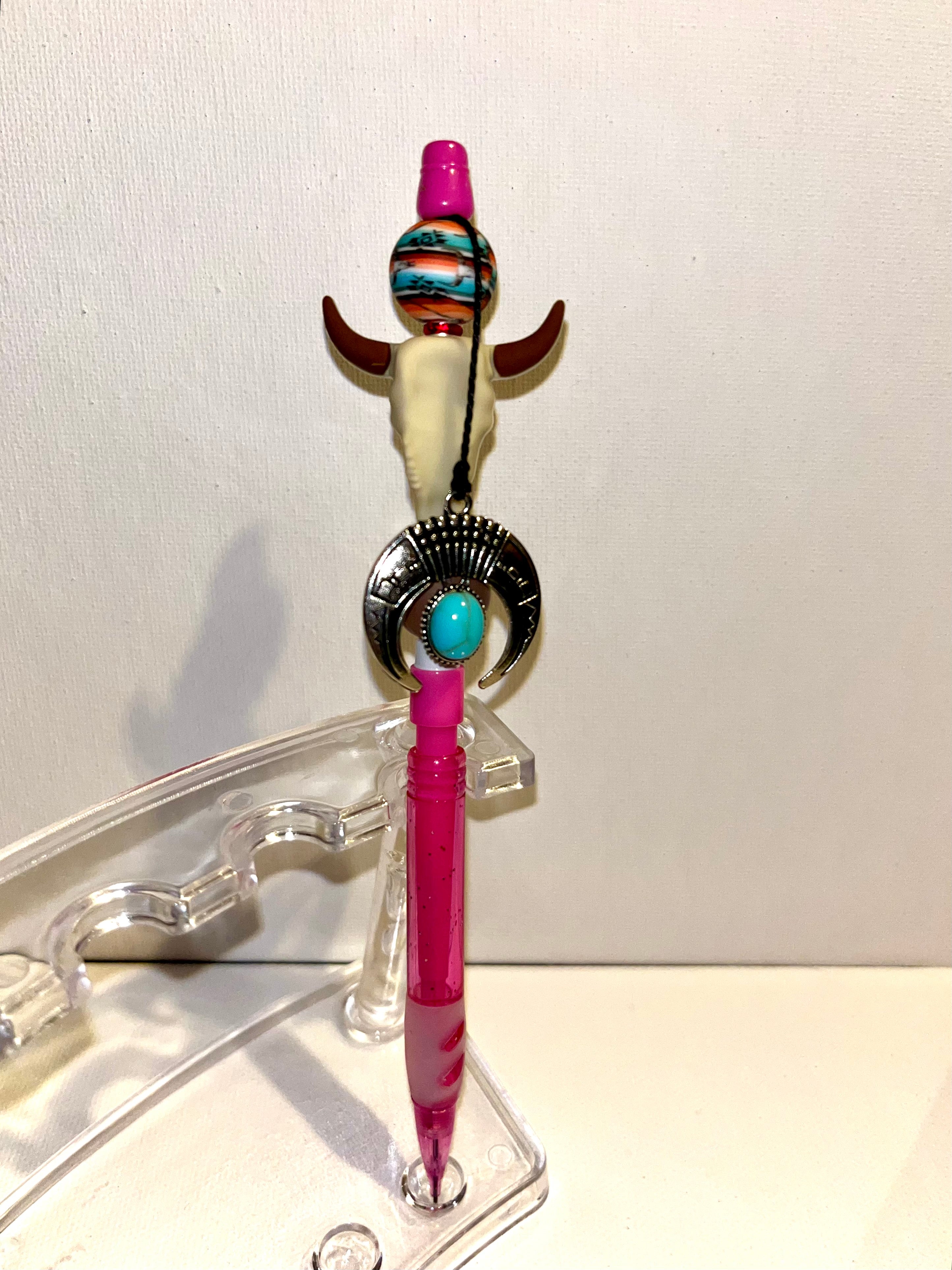 Pink Western Skull w/Charm Beaded Refillable Mechanical Pencil