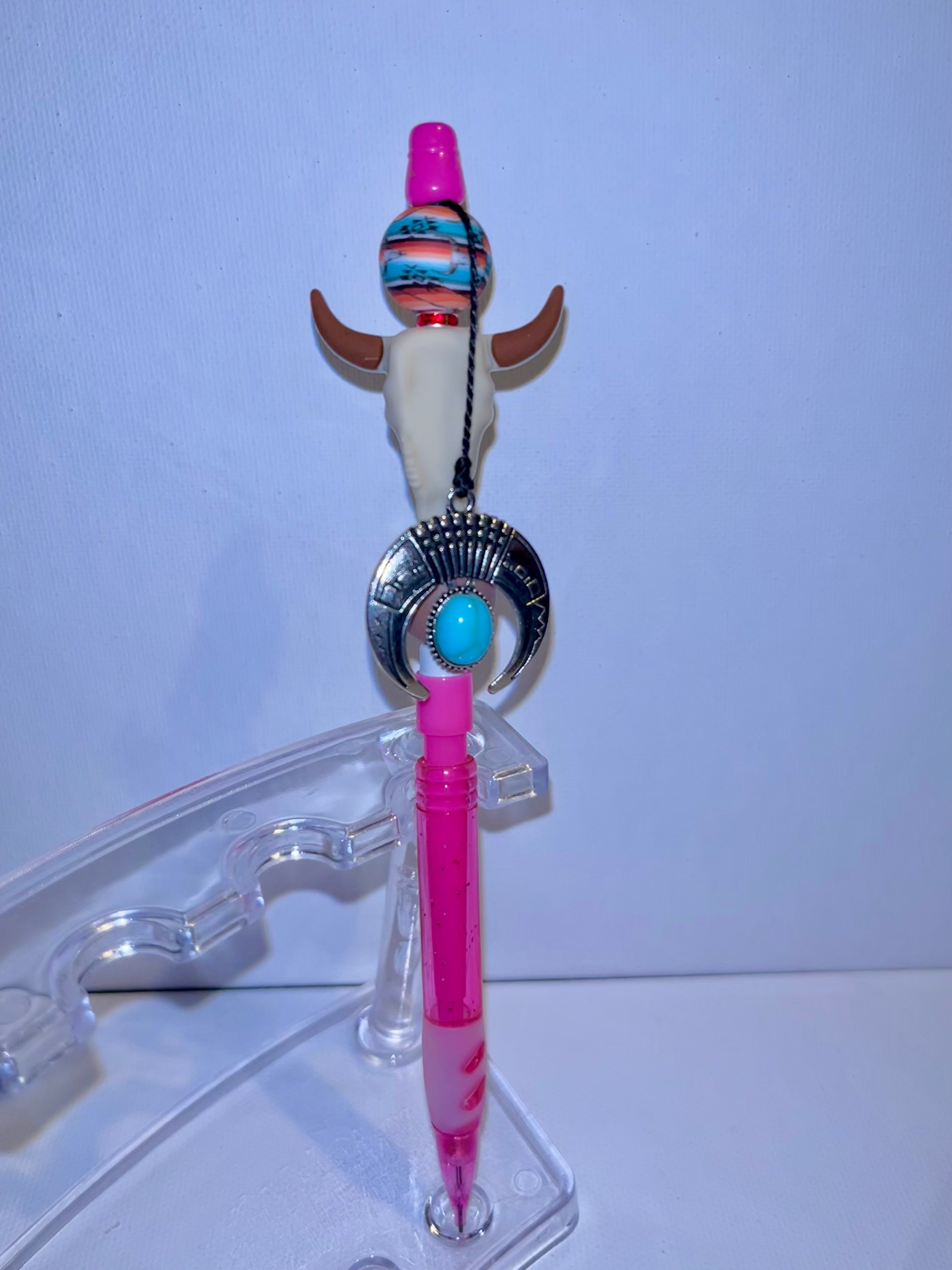 Pink Western Skull w/Charm Beaded Refillable Mechanical Pencil