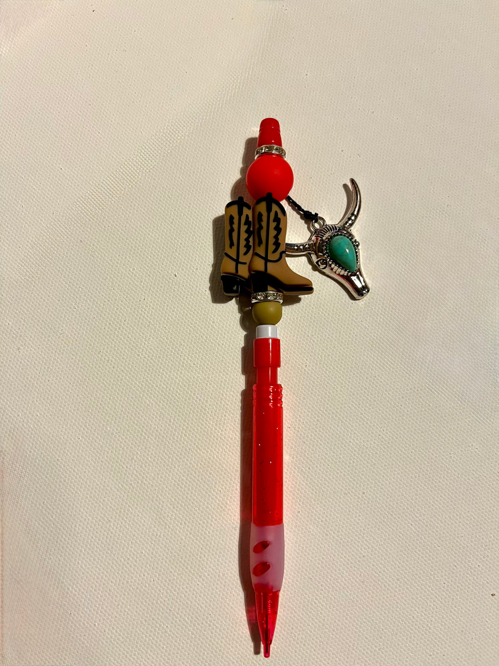 Red Novelty Mechanical Pencil with Cowboy Boot & Turquoise Steer Charm