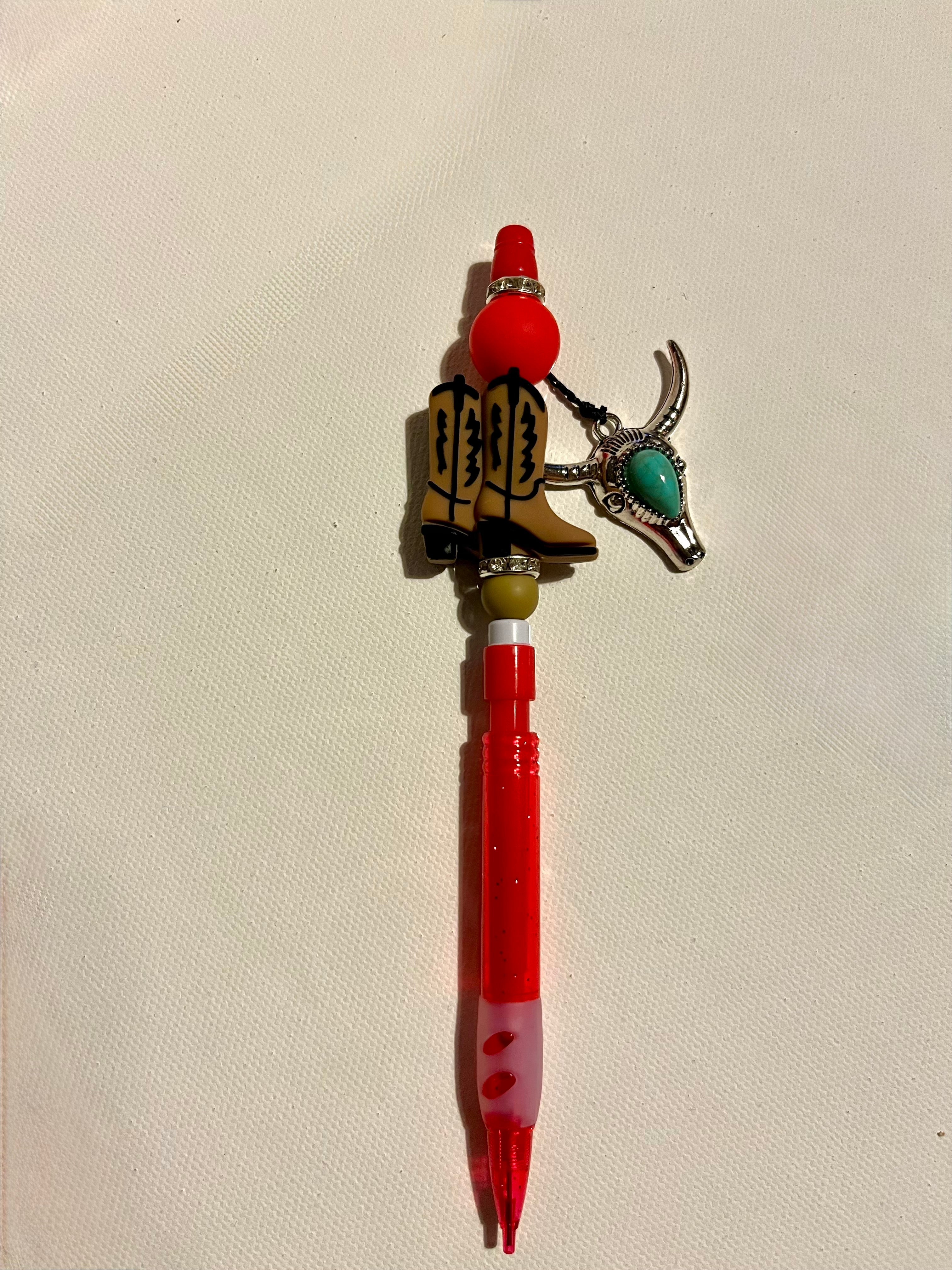 Red Novelty Mechanical Pencil with Cowboy Boot & Turquoise Steer Charm