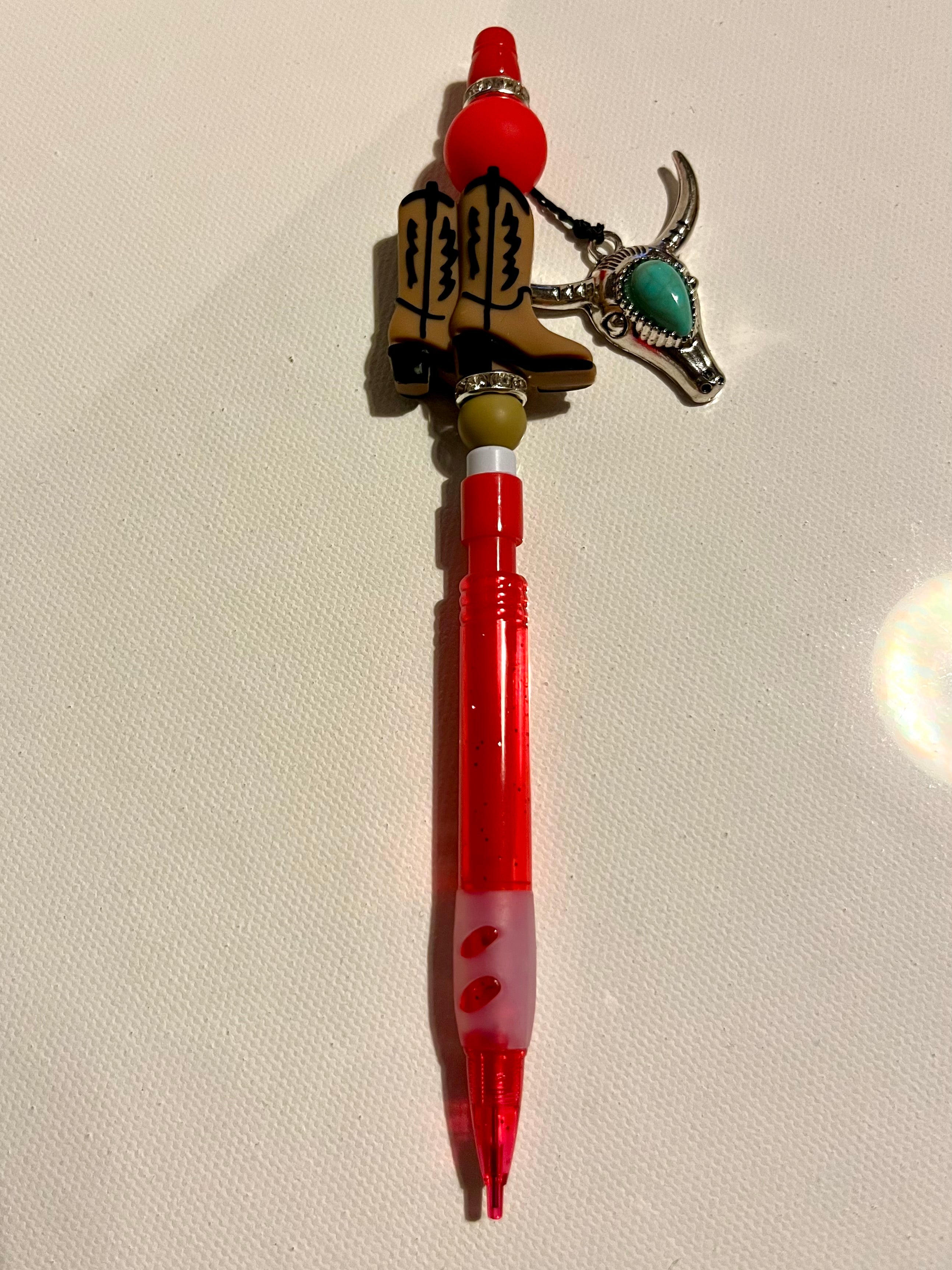 Red Novelty Mechanical Pencil with Cowboy Boot & Turquoise Steer Charm