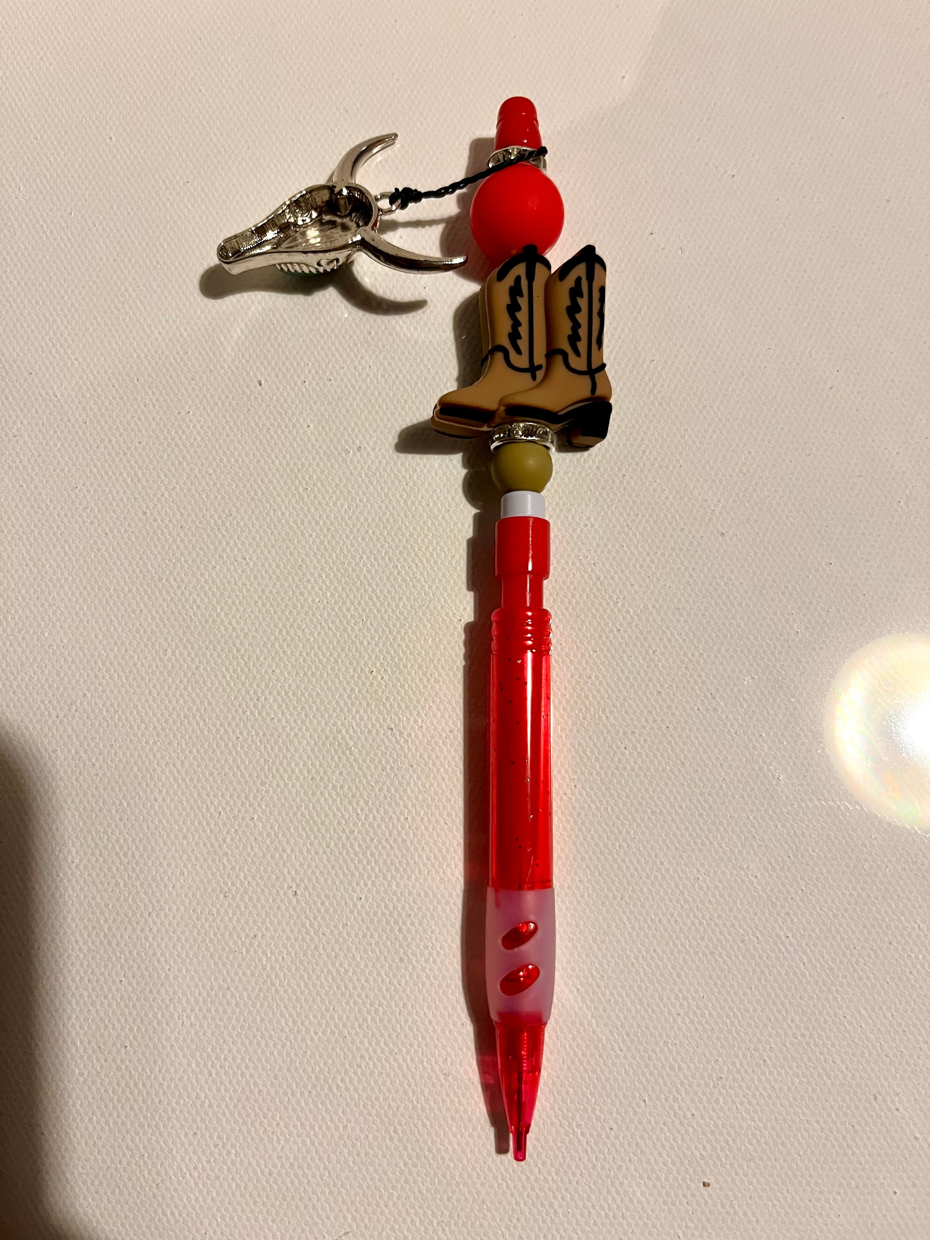Red Novelty Mechanical Pencil with Cowboy Boot & Turquoise Steer Charm