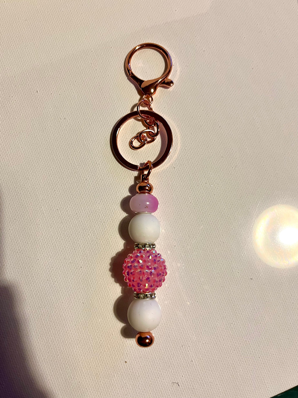 Pink Beaded Charm Keyring with White Accents