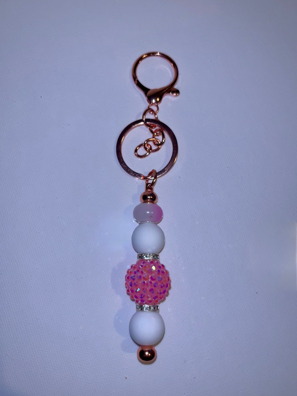 Pink Beaded Charm Keyring with White Accents