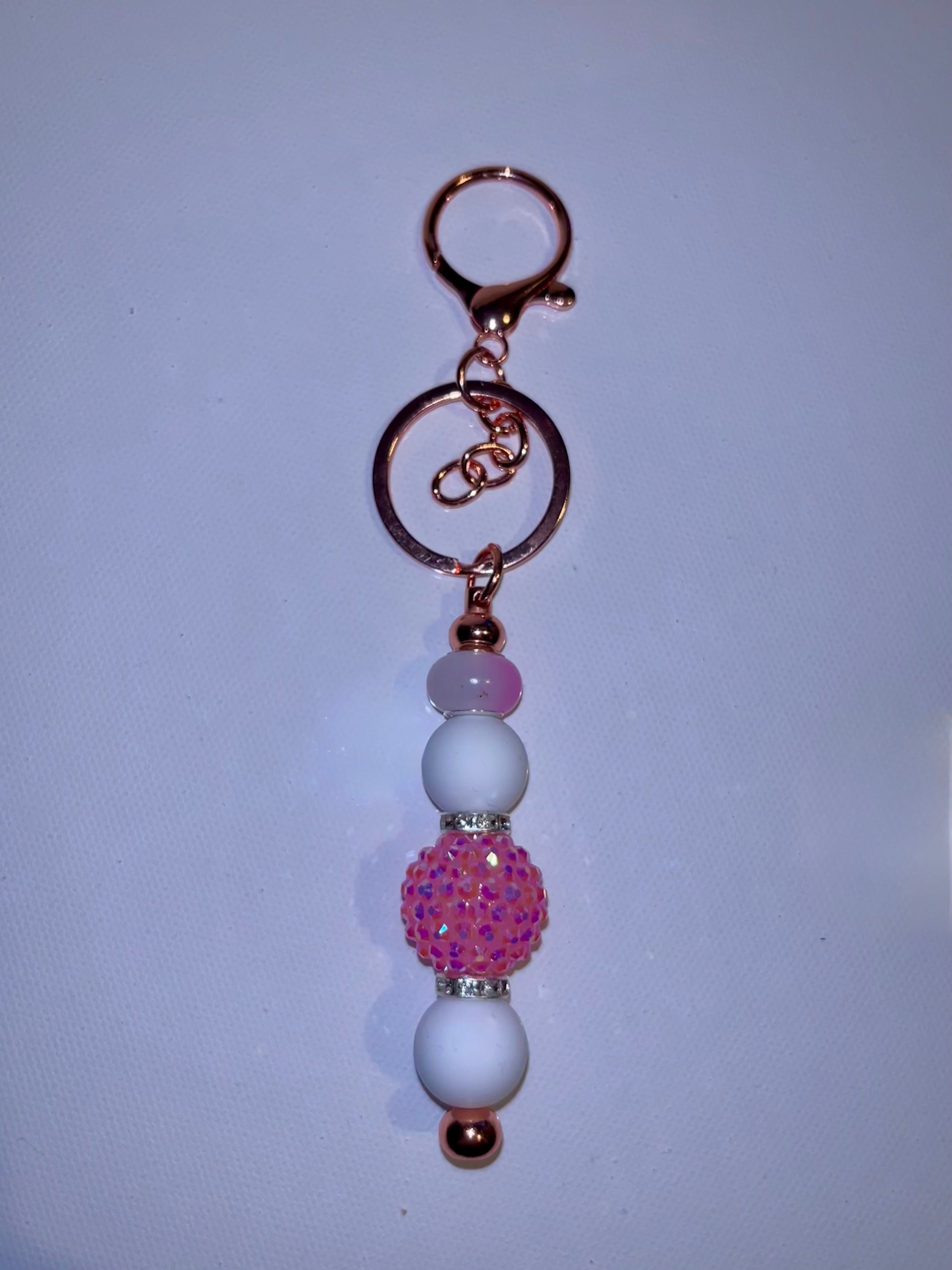 Pink Beaded Charm Keyring with White Accents
