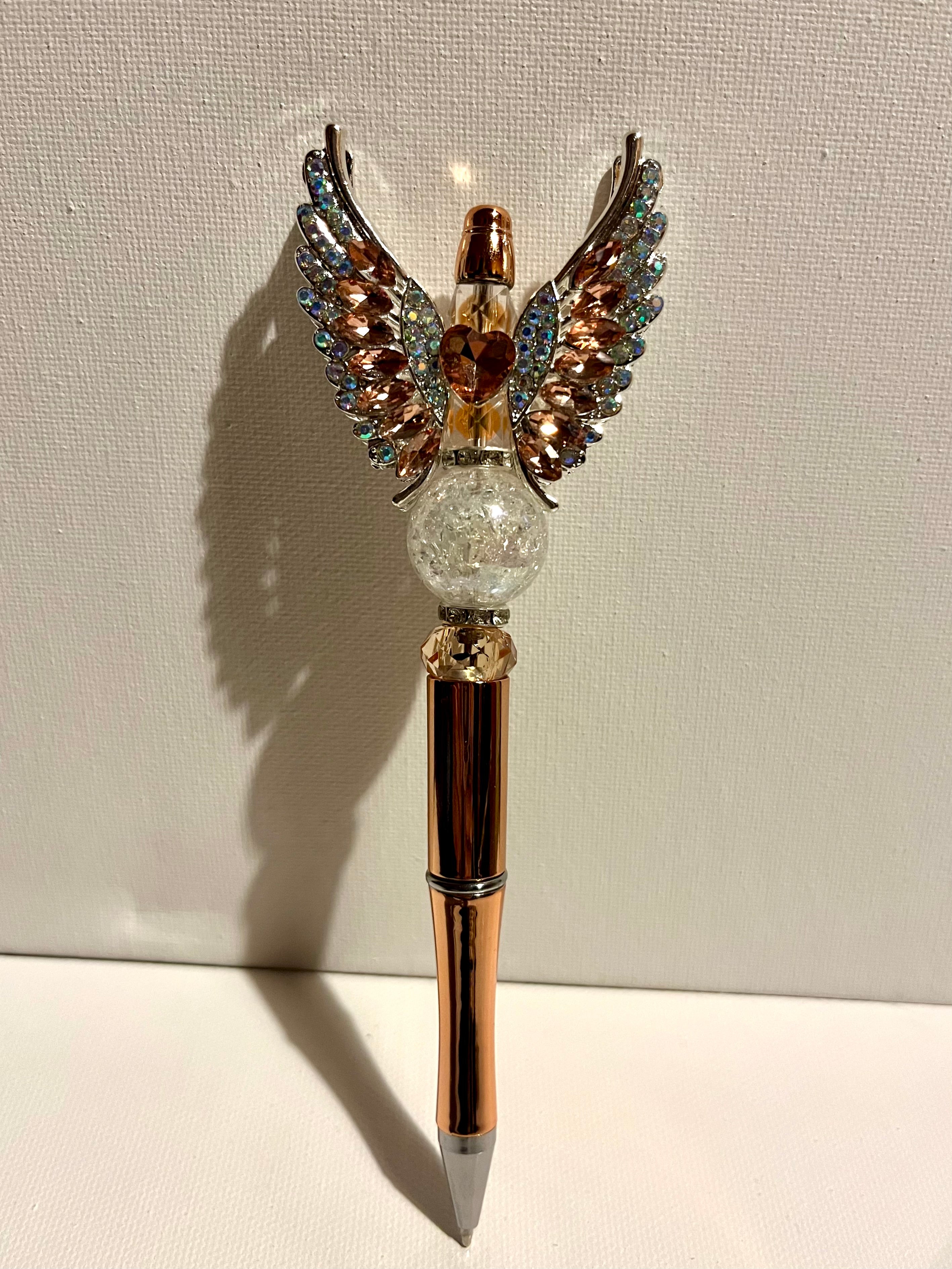 Crystal Angel Wing Rose Gold Ballpoint Pen - Elegant Home Office Stationery