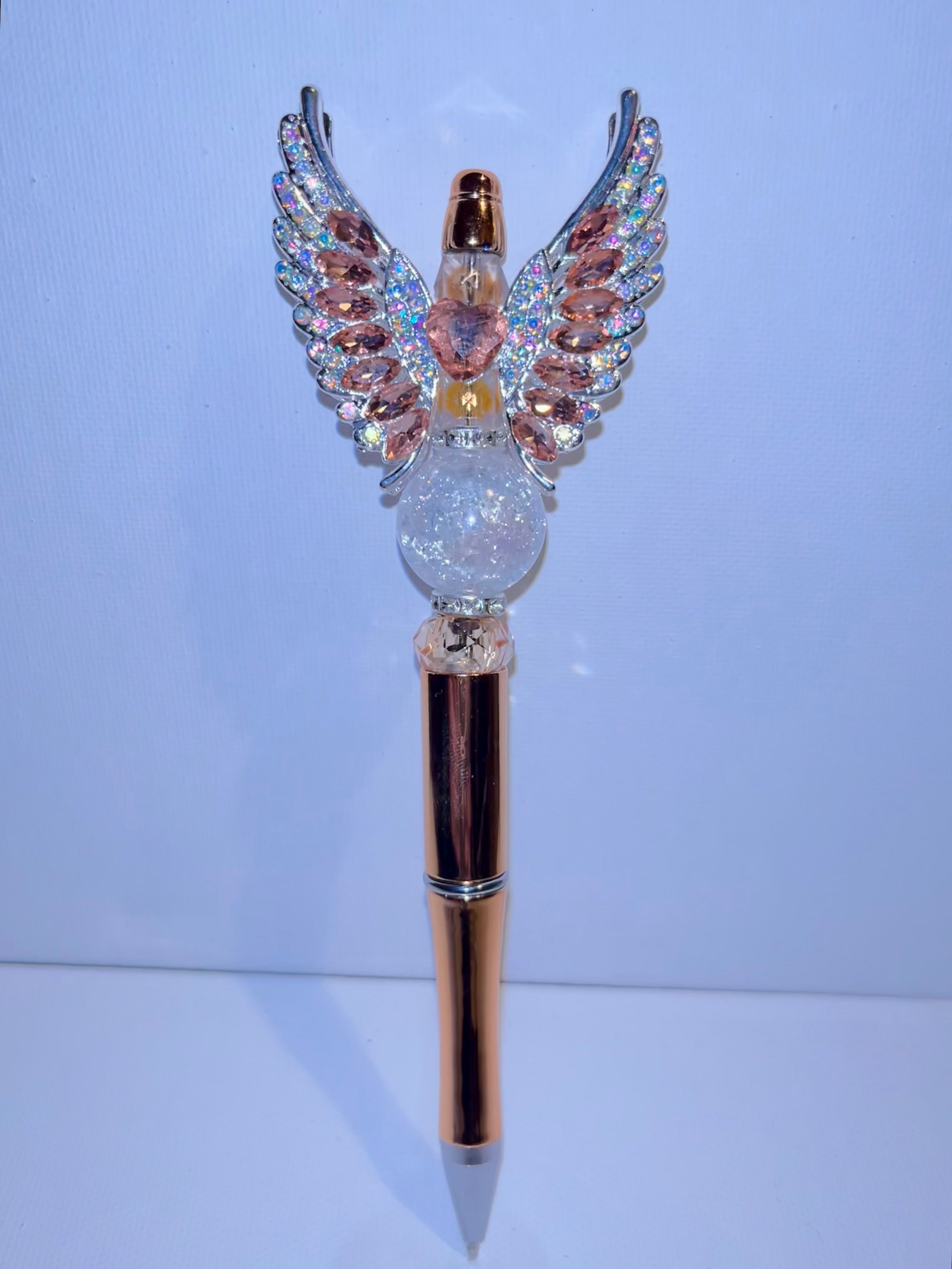 Crystal Angel Wing Rose Gold Ballpoint Pen - Elegant Home Office Stationery