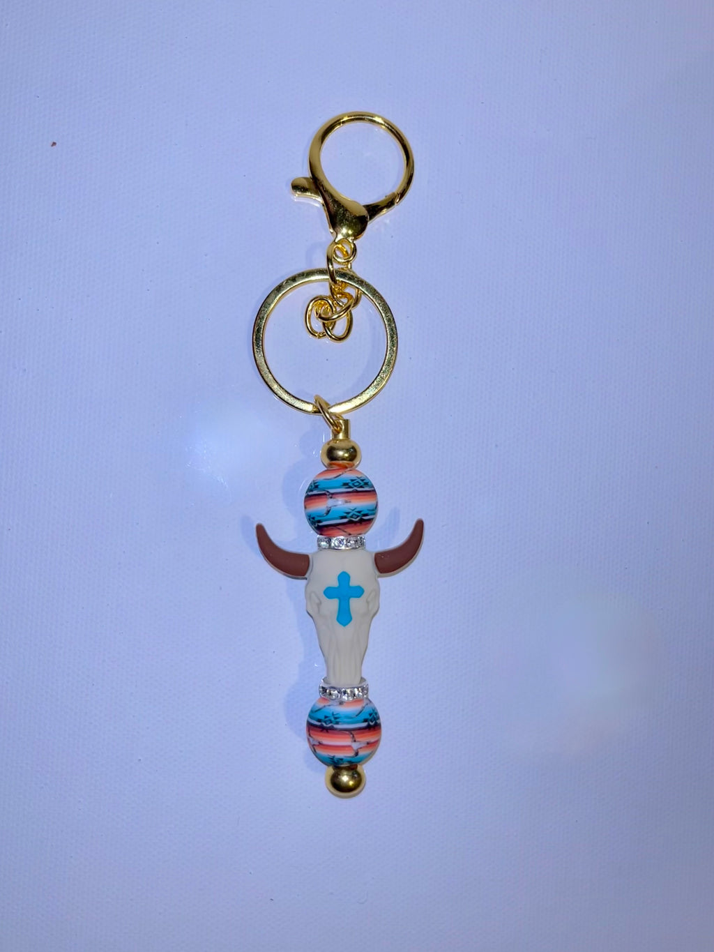 Gold-Tone Turquoise Cross Bull Skull Keychain