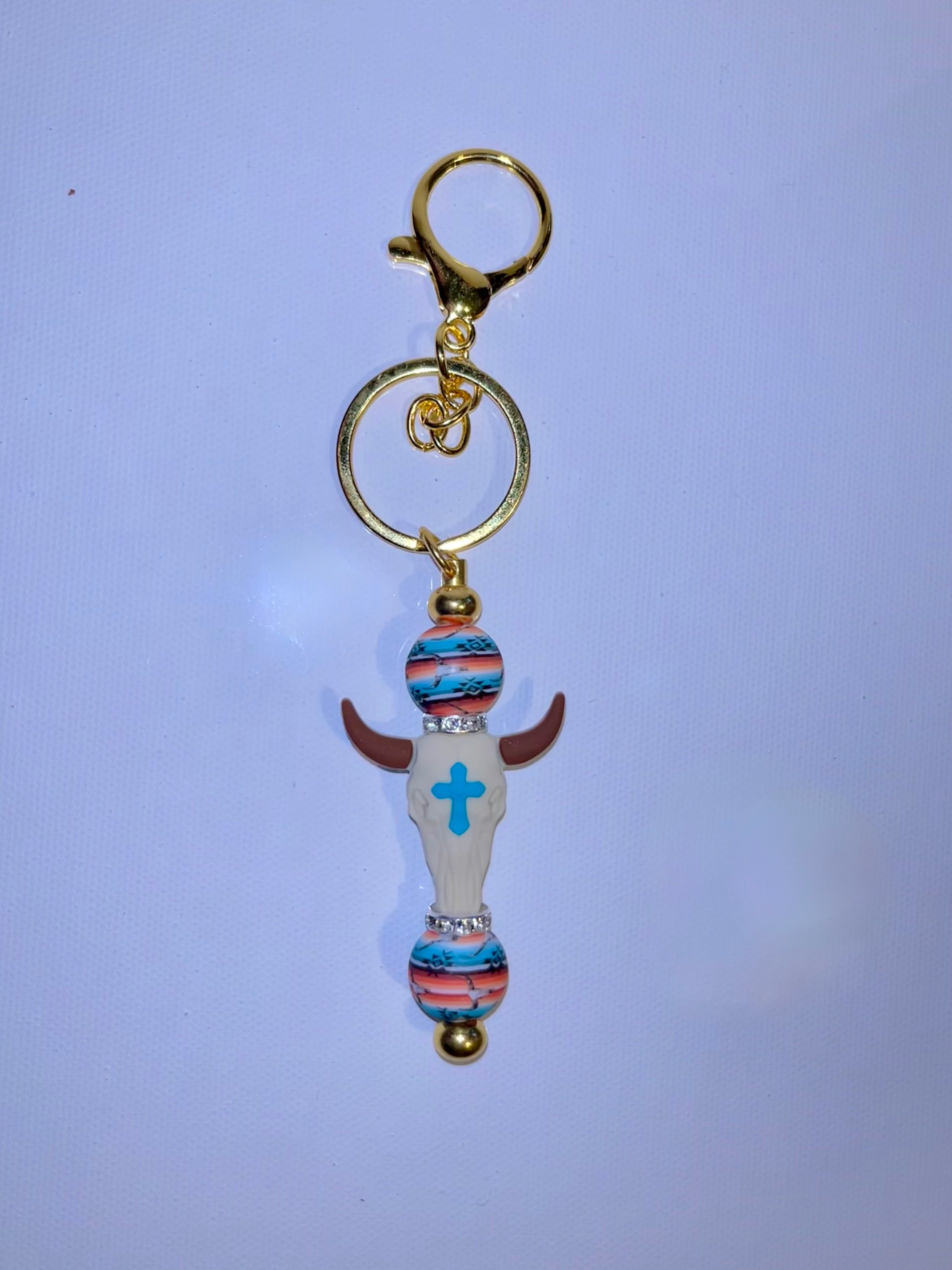 Gold-Tone Turquoise Cross Bull Skull Keychain