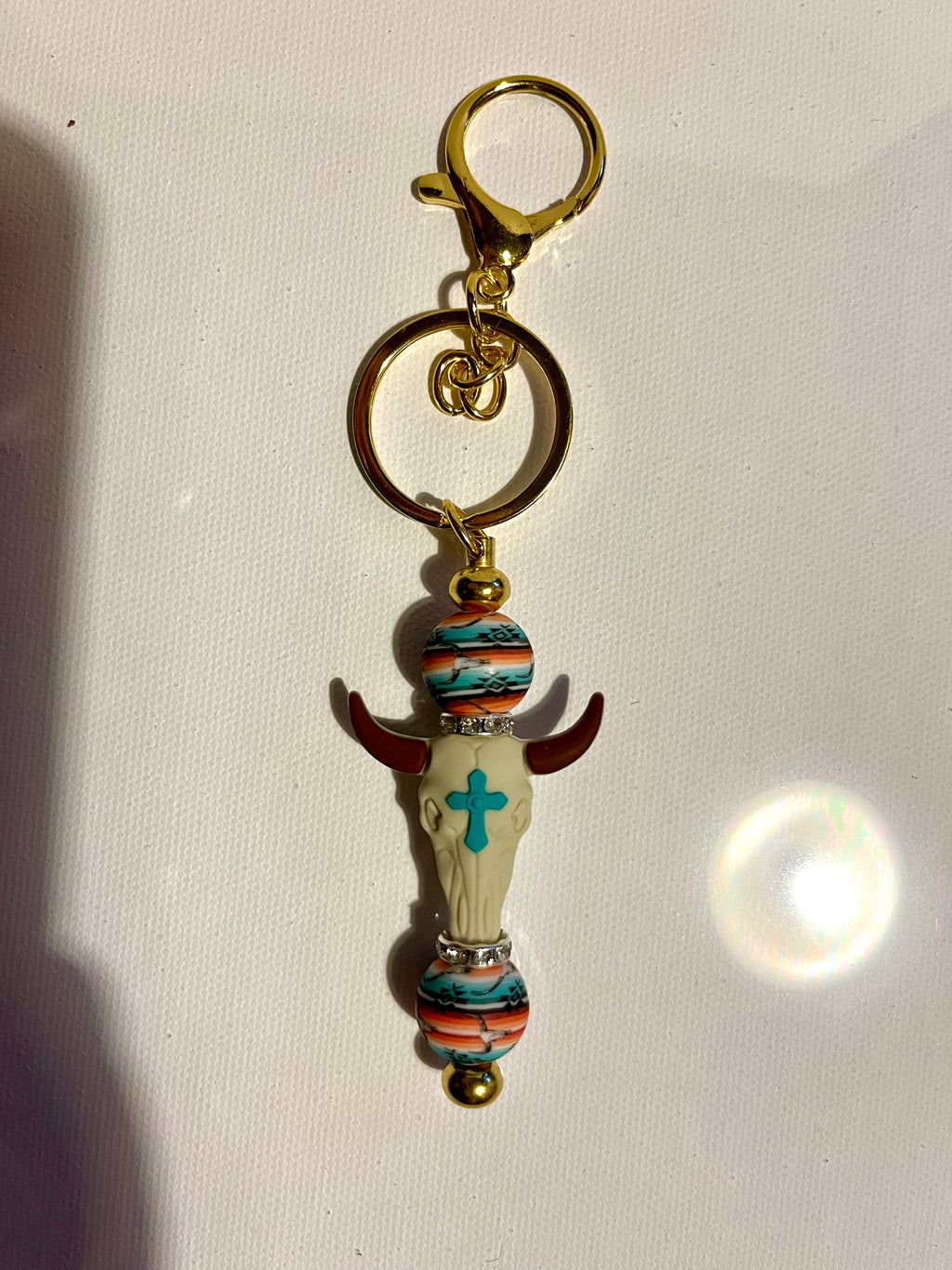 Gold-Tone Turquoise Cross Bull Skull Keychain