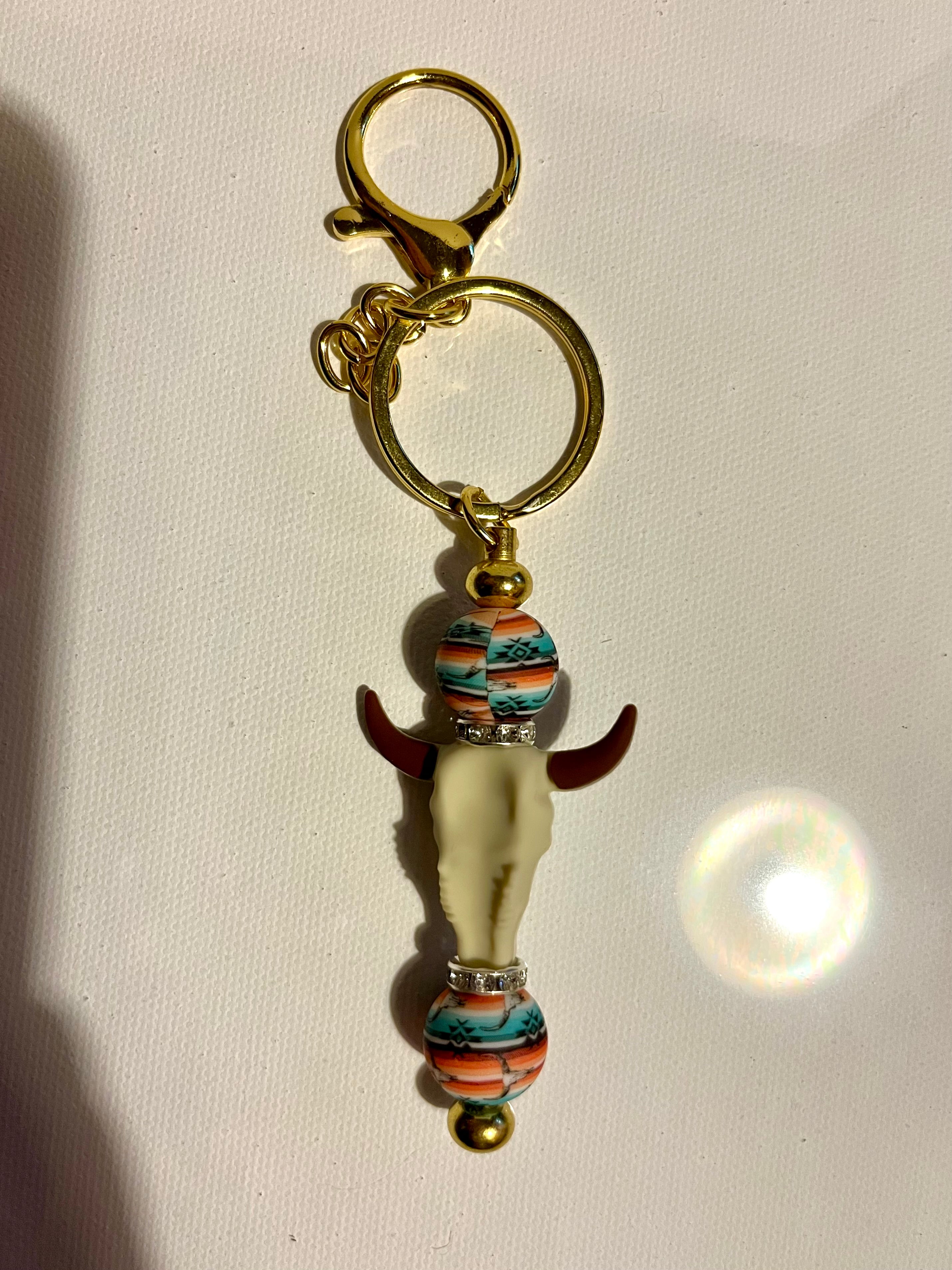 Gold-Tone Turquoise Cross Bull Skull Keychain