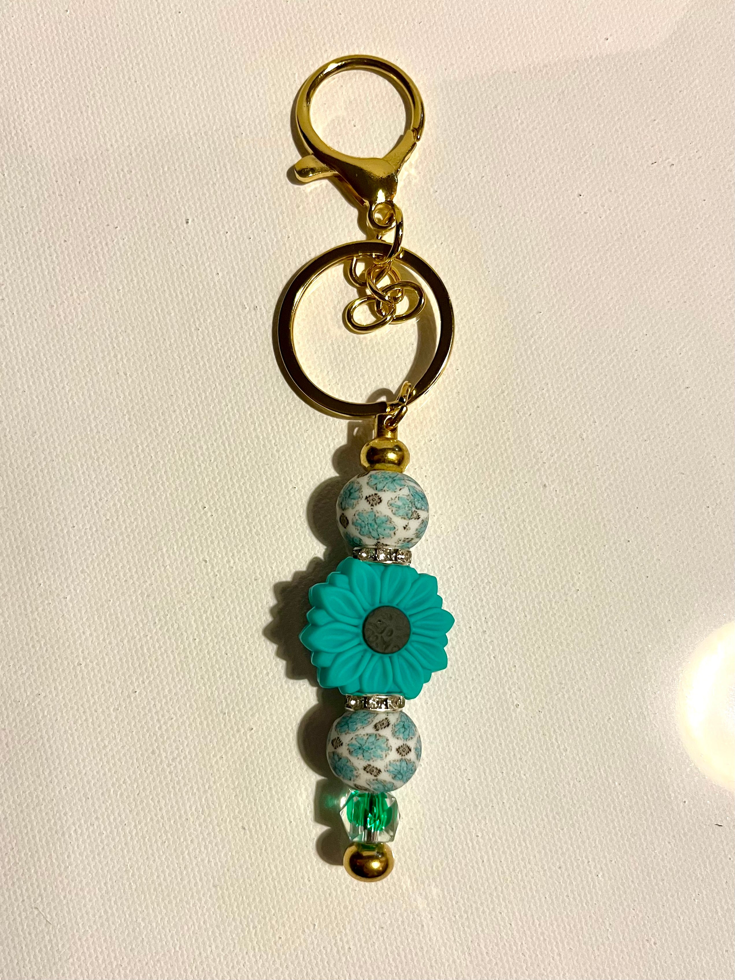 Teal Flower Beaded Gold-Tone Keyring