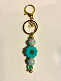 Teal Flower Beaded Gold-Tone Keyring